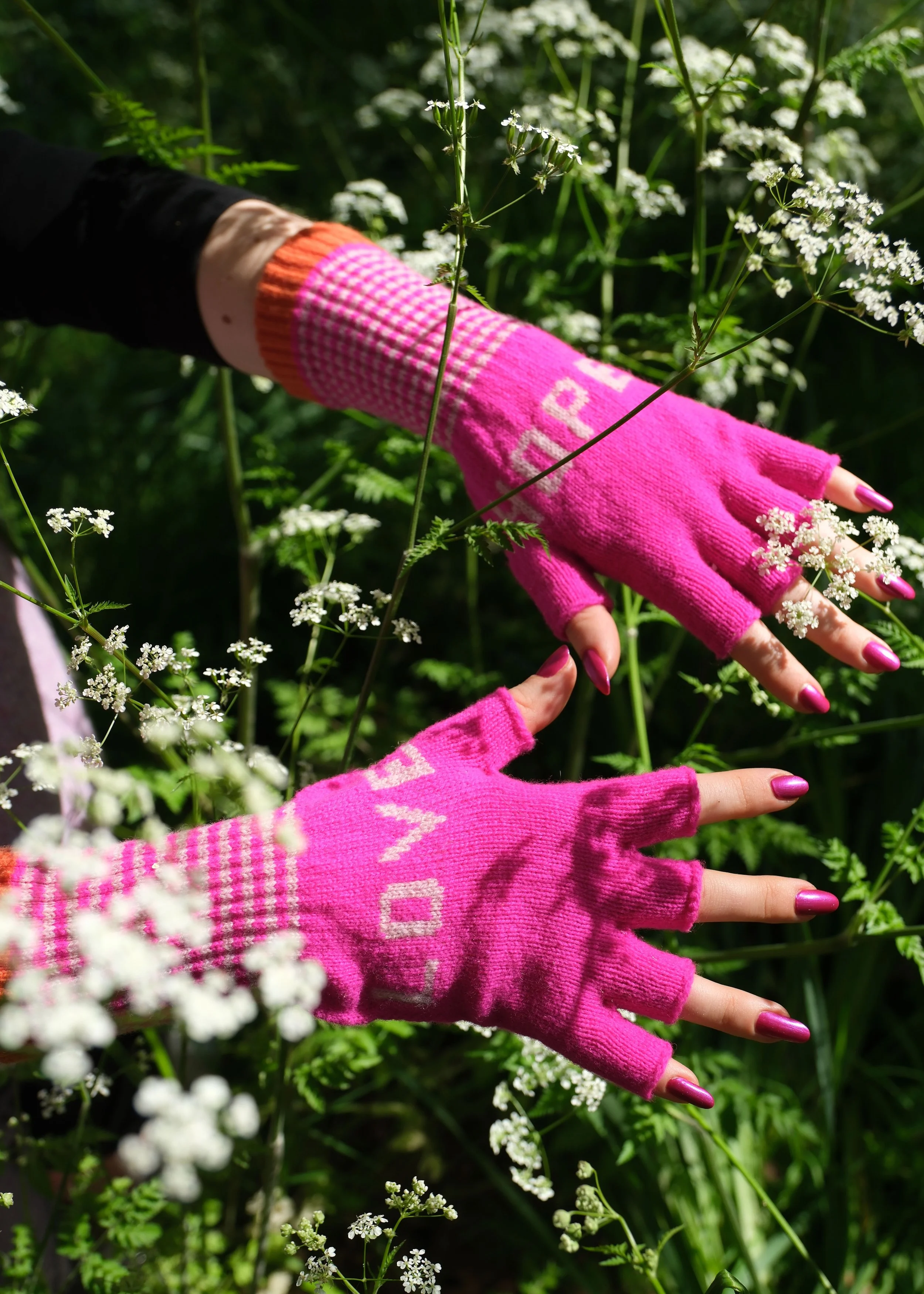 Love and Hope Fingerless Gloves in shocking pink Colours
