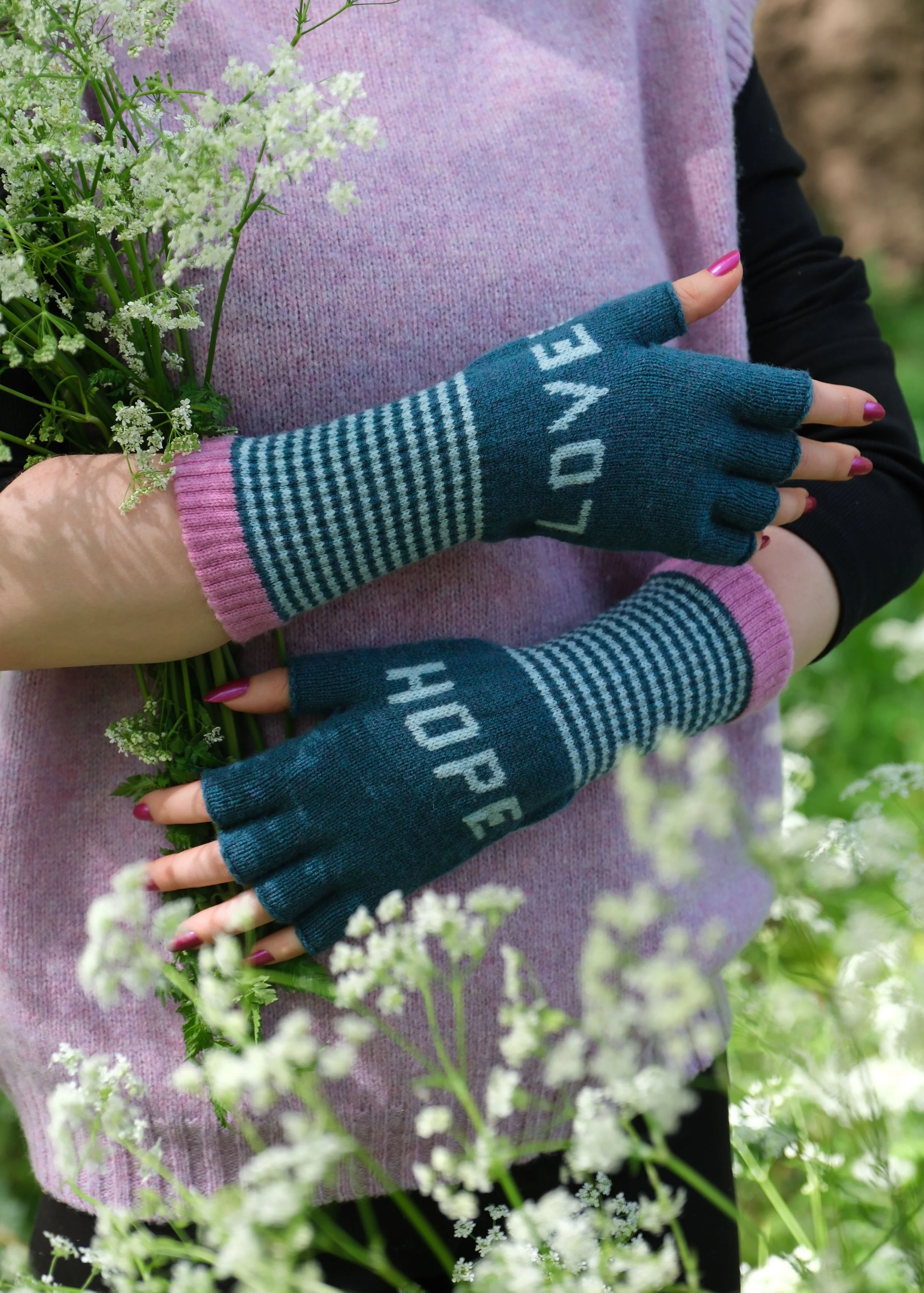 Love and Hope Fingerless Gloves in teal and pink Colours
