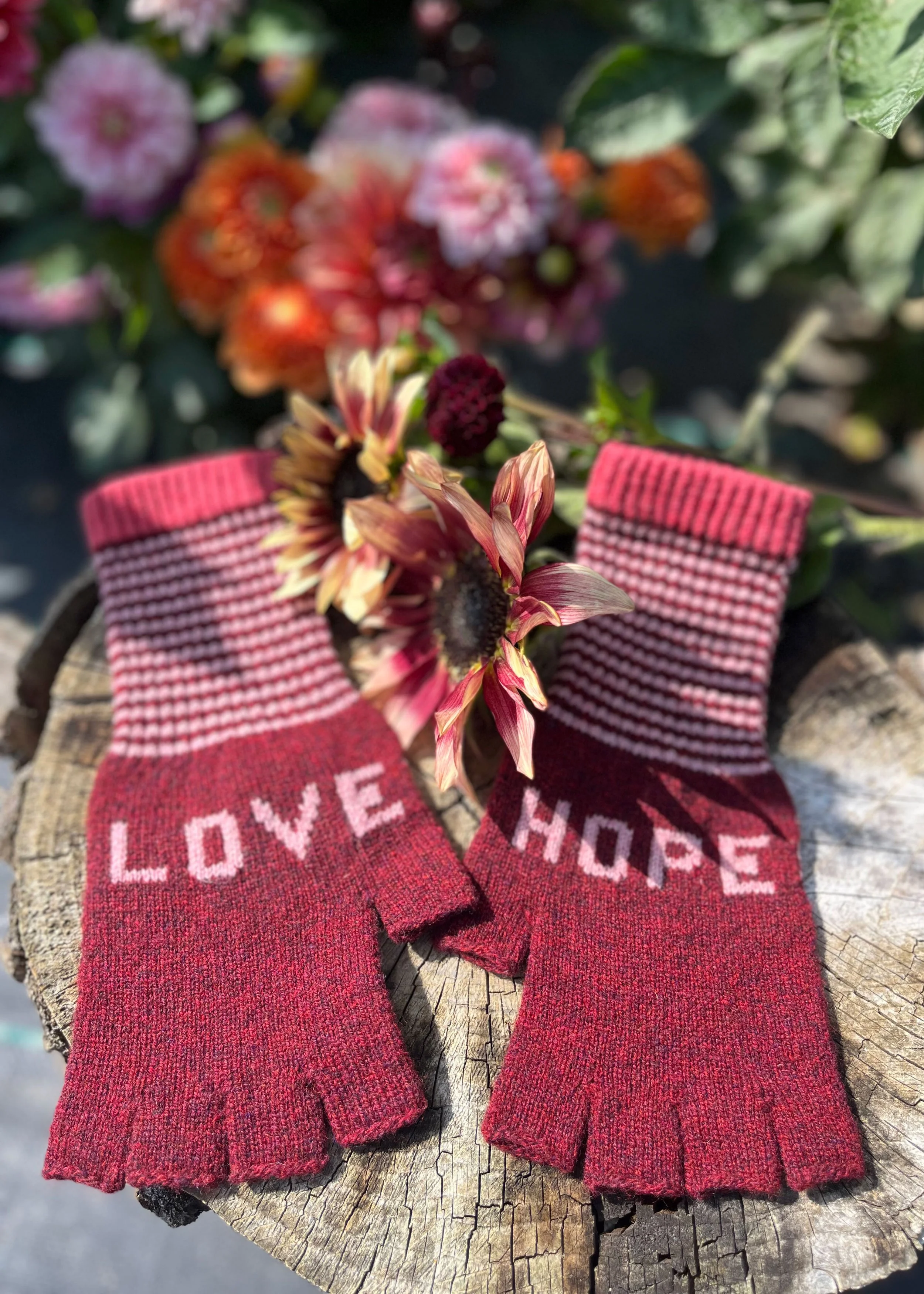 Love & Hope Fingerless Gloves in Berry and Pink