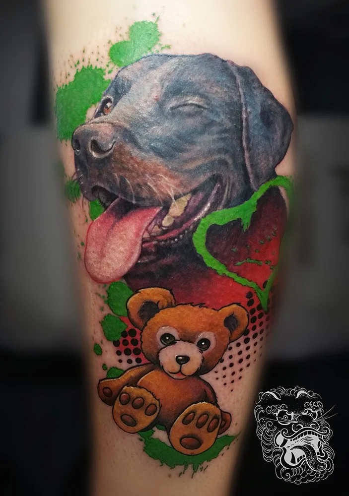 In this animal tattoo, I had a chance to go a bit more crazy and positive about a dog idea. We used a customer's reference photo, but it was tweaked and funny stylization was added.