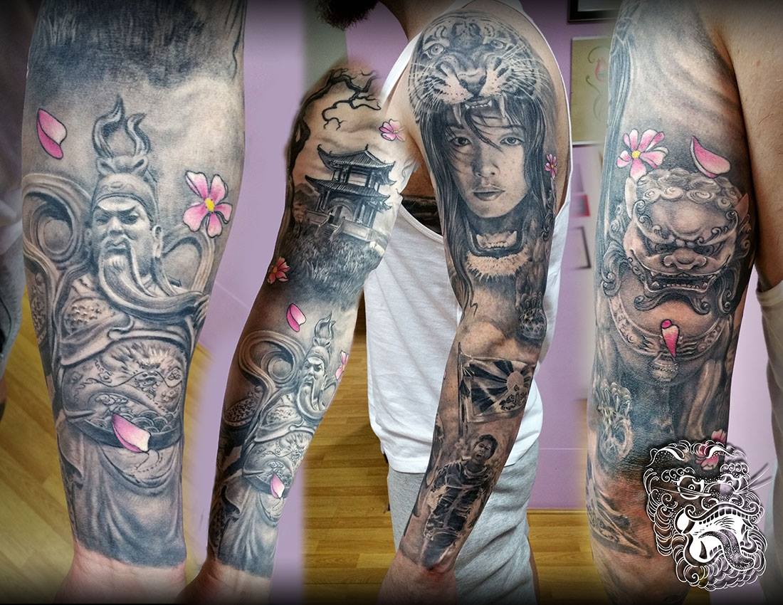 This sleeve tattoo I tattooed is a combination of elements that my customer expected. On a one element I had particular influence. Notice burning man with a Tibet flag behind him. This part is indeed a political statement. We liked this deeper meaning both, so this unusual tattoo was executed.