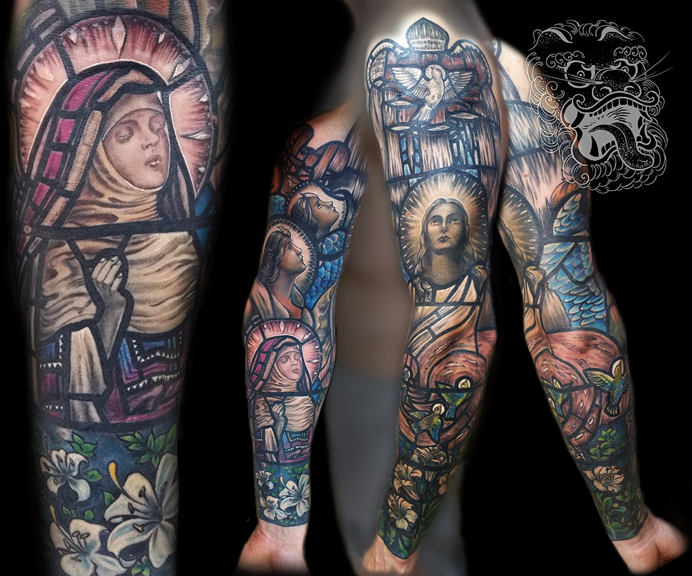 While black and gray sleeve can take anything between 30-35h, color will take significantly more to complete (average of 35-45h). Bigger coverage with ink, and more work is required. This sleeve I did, took us 10 sittings, each 4-5 hours. It is based on university chapel stainted glass.