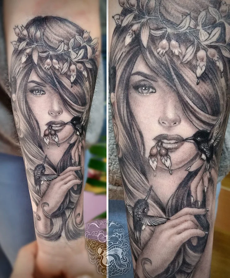 This reproduction was done on the tiny girl's arm. Size quality brought another level of complication. This picture shows a healed piece. With proper planning of tattooing sessions, this level of detail was possible.