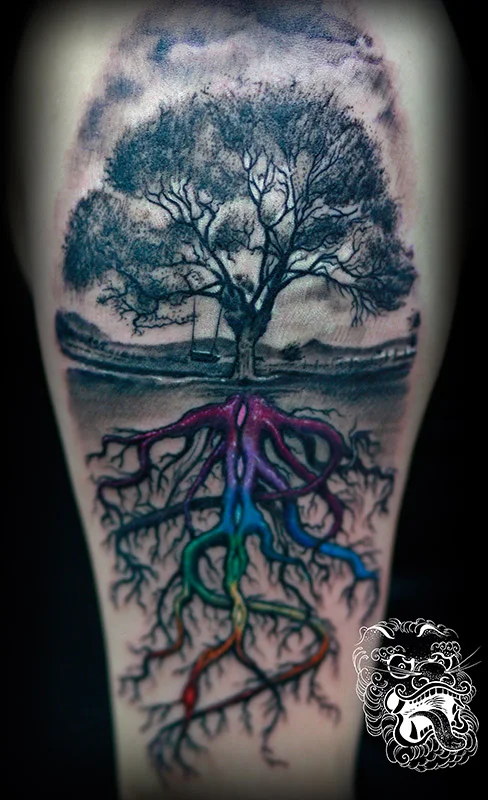 This tattoo tells the story of esoteric roots. But all the elements have meaning here, including wooden swing. Different colors stand for chakras. In tattooing, we often face a problem of meanings versus economy of components. I feel that surreal approach is often the best solution.