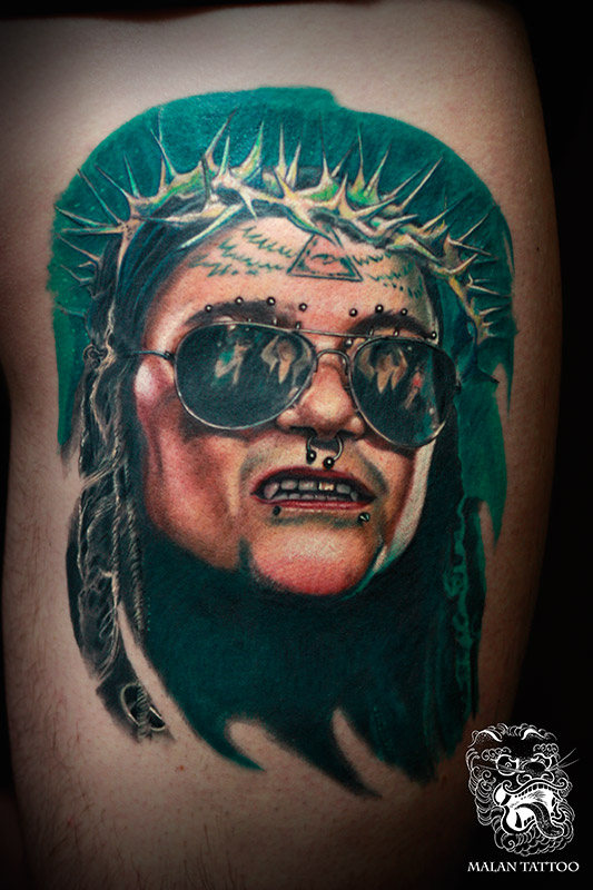 Portrait of Ministry band leader Al Jourgensen. For this tattoo, I contacted the author of the original picture directly to help us with high-quality reference.