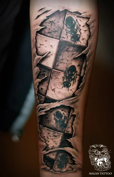 In the black and grey tattoo above, my customer came with the tattoo of the ants. My task was to make this subject more interesting.