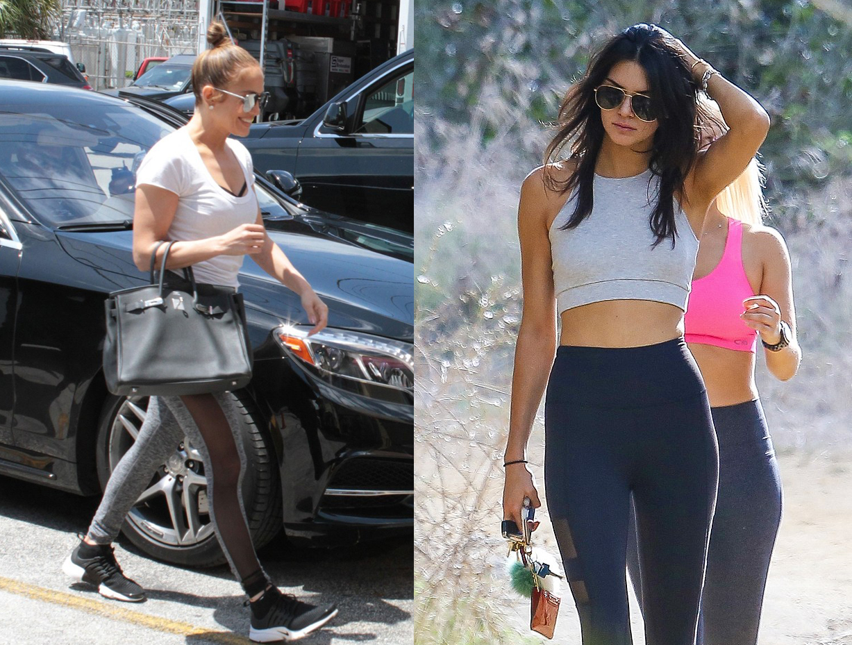 Jennifer Lopez and Kendall Jenner in Beyond Yoga leggings; Courtesy of Vogue.com and DailyMail.com