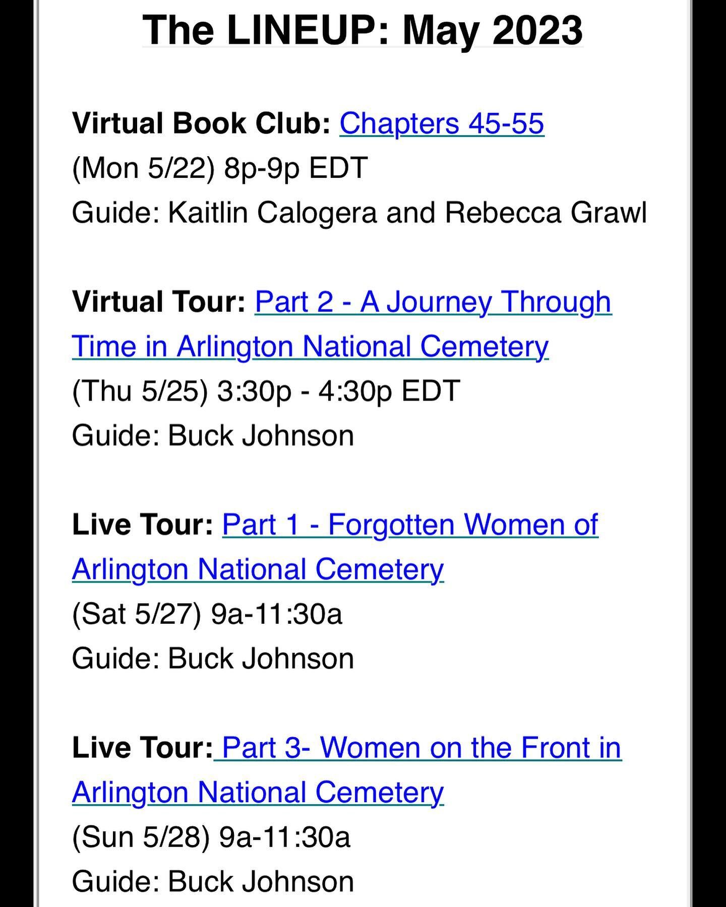 Join us in May for three different tour of Arlington National Cemetery and our monthly book talk! Options available live and virtually. Link in bio.