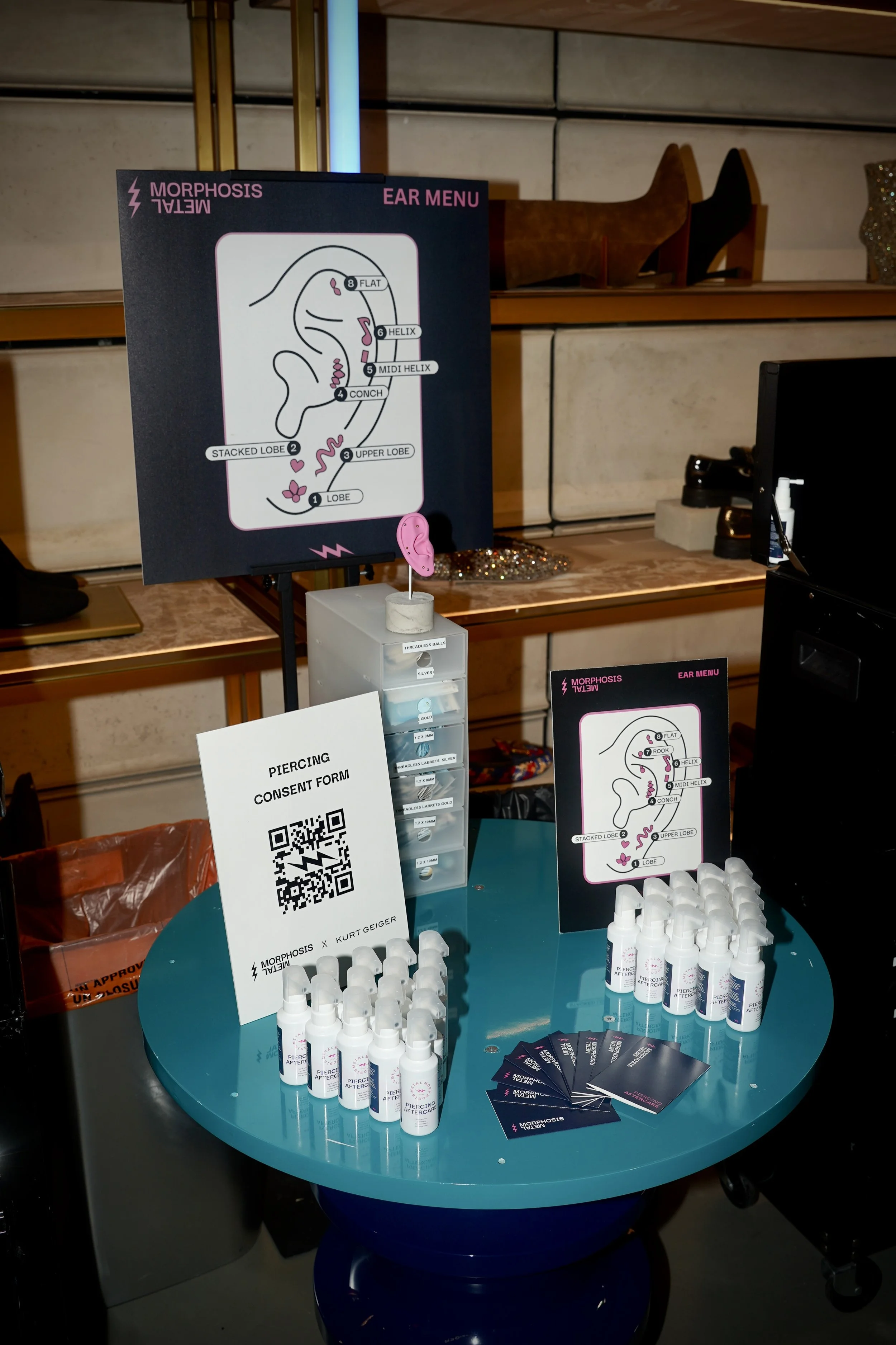 Piercing station at the Kurt Geiger x Kelsey Randall fashion launch event.