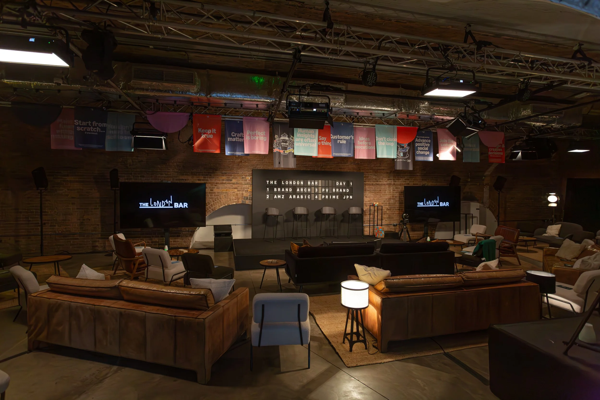 Furniture and lighting design for Amazon's The London Bar conference in London.