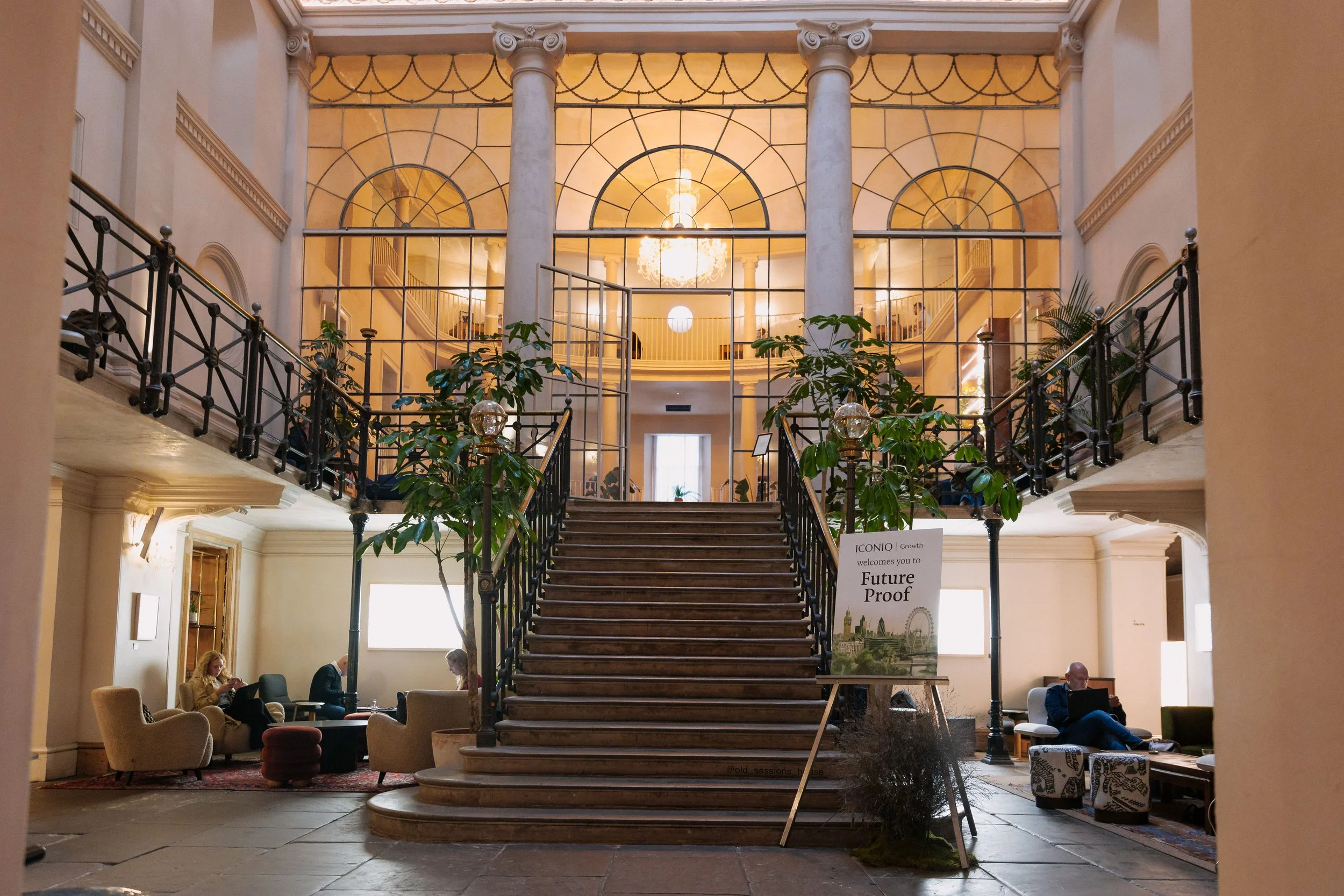 Welcome staircase for ICONIQ Growth's London summit at Old Sessions House, Clerkenwell.