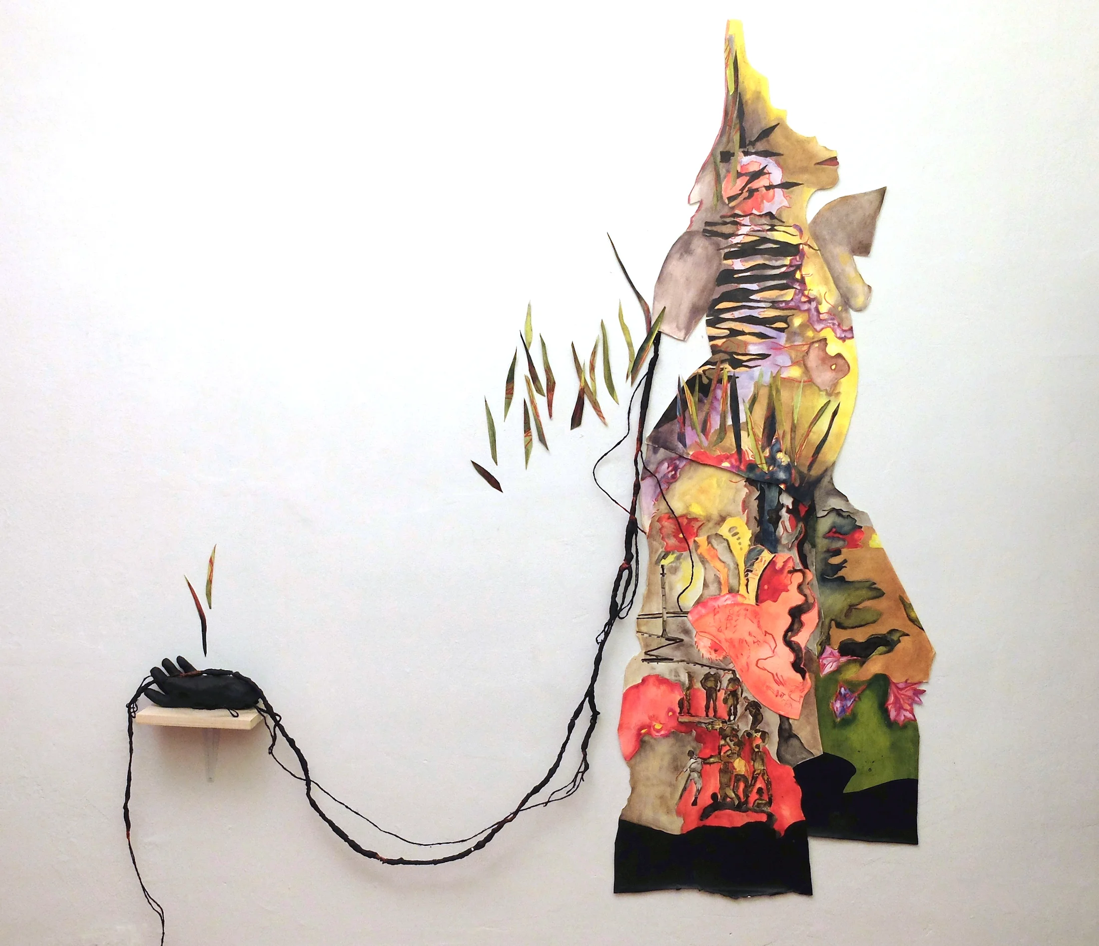 Anatomy of Resistance , paper mounted on canvas, acrylic, watercolor, plaster, yarn, small shelf, figure: 5 x 2.5 ft plus hand on shelf and cord, 2015