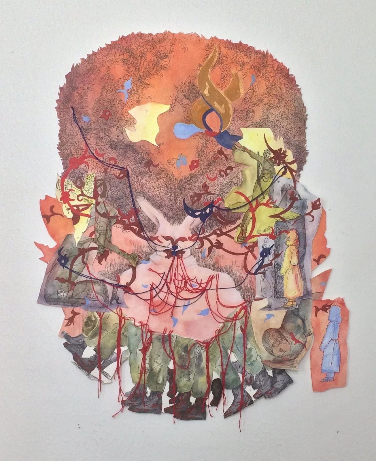   When False Idols Become Real , 2014, acrylic, watercolor, embroidery thread, paper mounted on canvas backing, 23 in x 29 in   