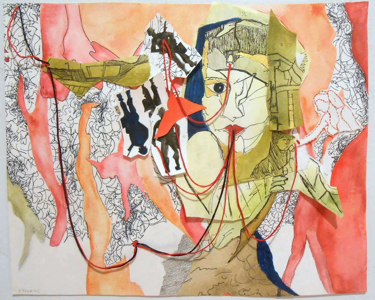 What Doesn’t Kill You Makes You -, watercolor, acrylic, thread, pen, 12 in x 16 in, 2014
