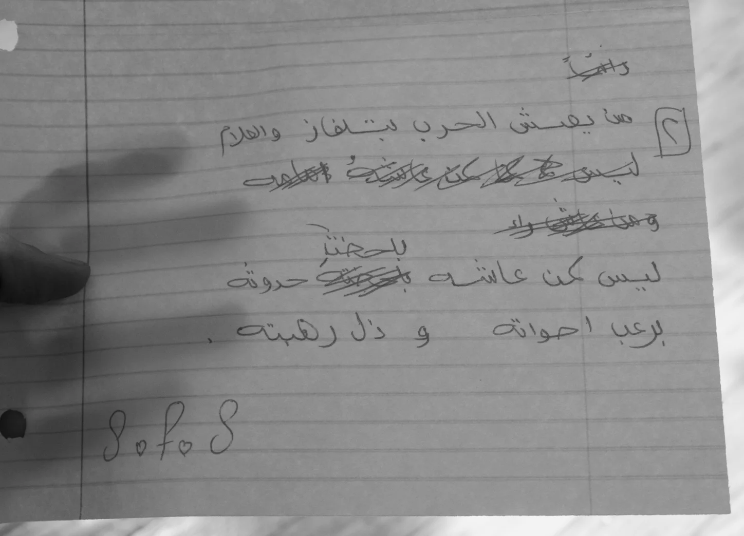  by Sofos, a Yemeni woman I worked with in Brooklyn. Translation (by Emma Ali):  Those who live war through the news and TV are not like those who live it while it’s happening, with the fear of its sound and the humiliation.   