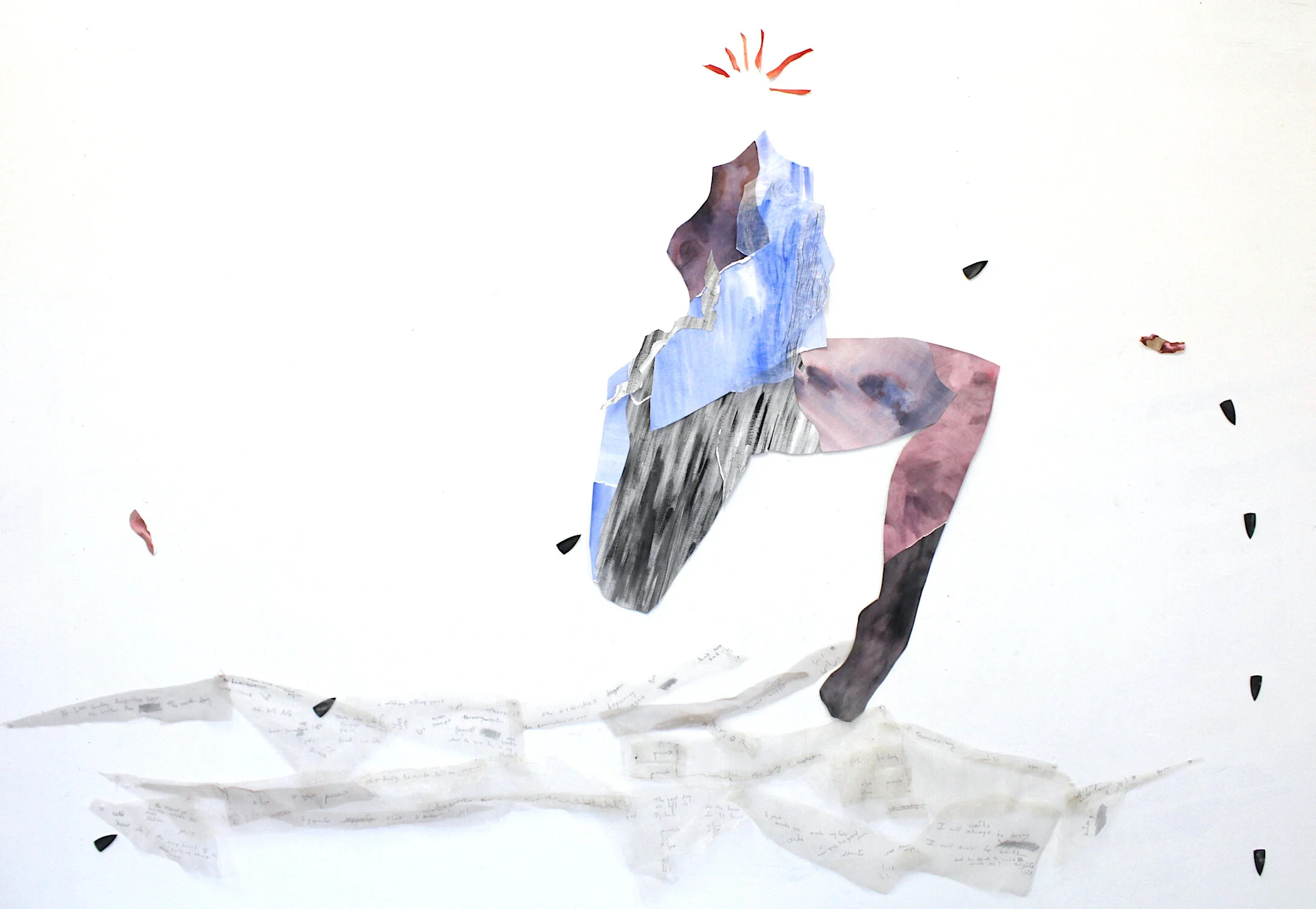 Gismee Maya 1, This Body is Water 1, 2017, installation with paper, organza, collected writings of i’m/migrants, watercolor, acrylic