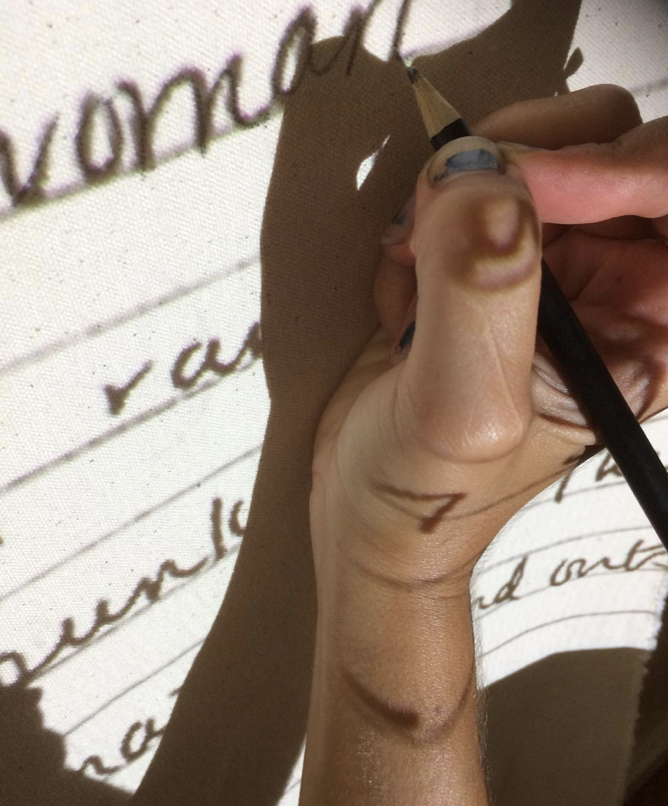 I traced the women’s collected writings in Arabic and English onto fabric. This physical engagement with their language helped me to process and connect with the content.