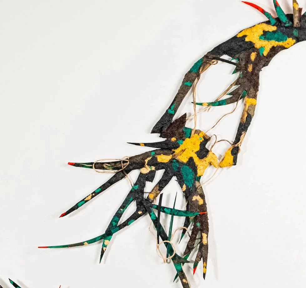 Black brown earth riot and golden , detail, 2023, paper pulp on foam, stiffened yarn, turmeric, coffee grinds, acrylic. Photo credit: Jacob Sait Ermete