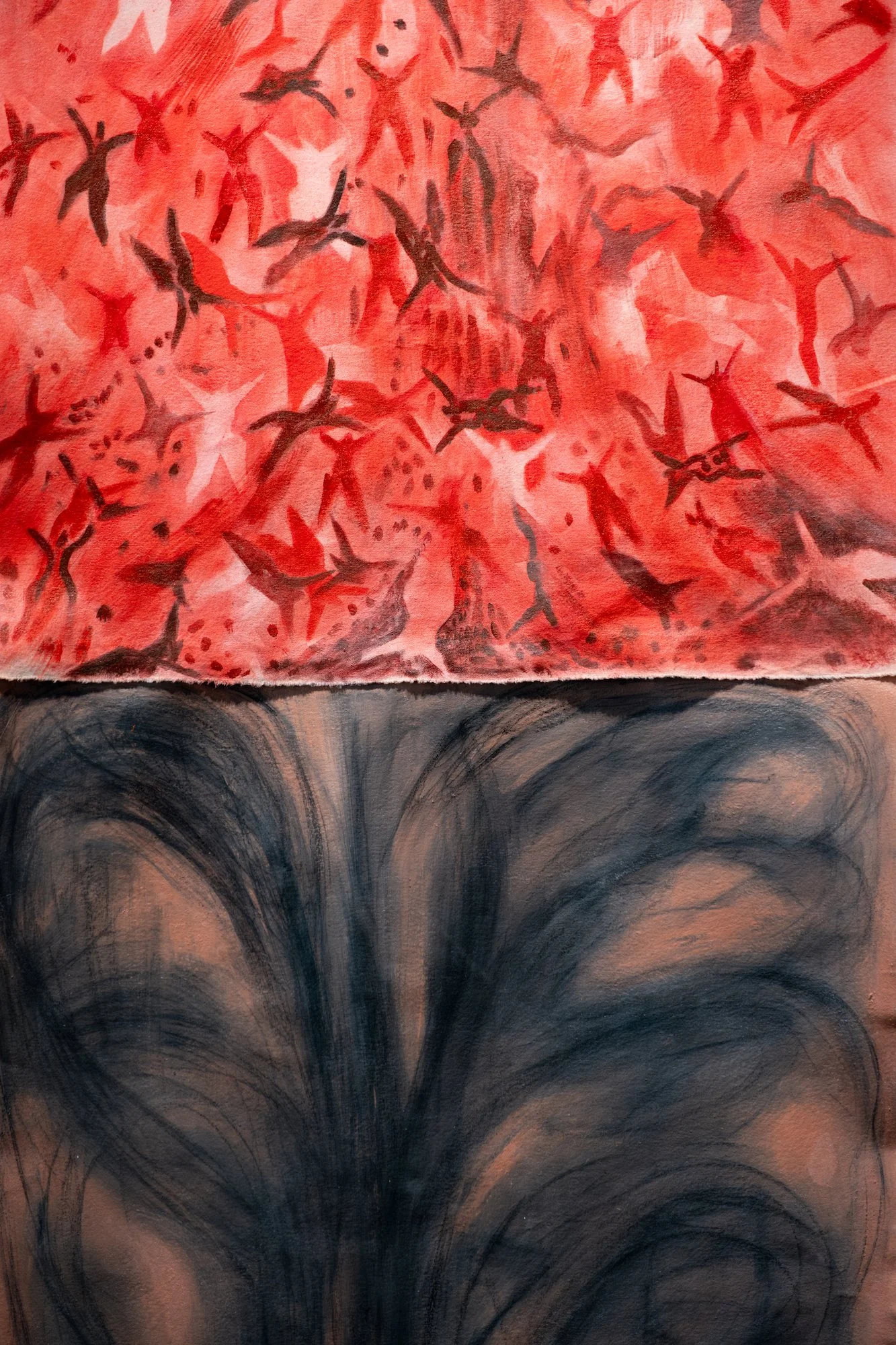 Your grief is welcome her e, 2025, top of canvas is a swarm of star bodies in red and bottom of canvas is a movement drawing made by swinging my arms upwards and outwards over and over. Bottom painted on gesso mixed with clay.