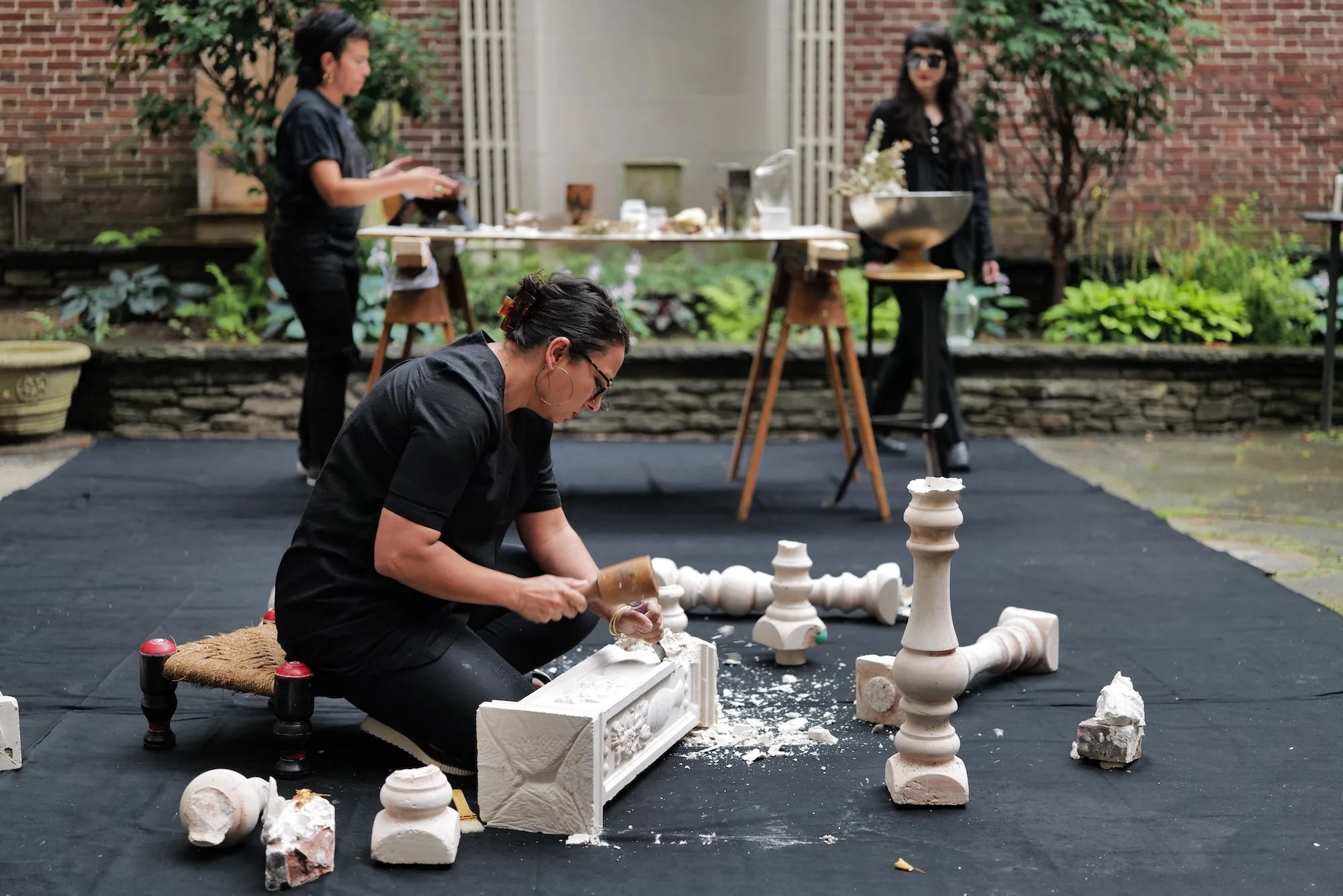   Ecologías Solidarias,  2024, collaboration with Asma Kazmi and Anabel Vázquez Rodríquez, site specific performance in RISD Museum courtyard photo by Marta Fodor 