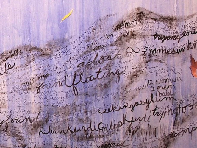 Gismee Maya 2, This Body is Water 2, 2018, durational installation populated with text from published list of migrants who drowned in the Mediterranean, detail shot