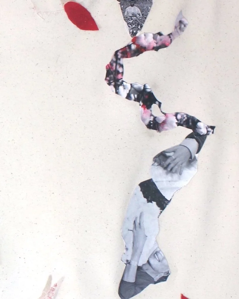 We Spun Roses for Bread and Still They Starved, detail of collaged photos of Egyptian and American women picking cotton with my own hands drawing, connecting un/underpaid women’s work
