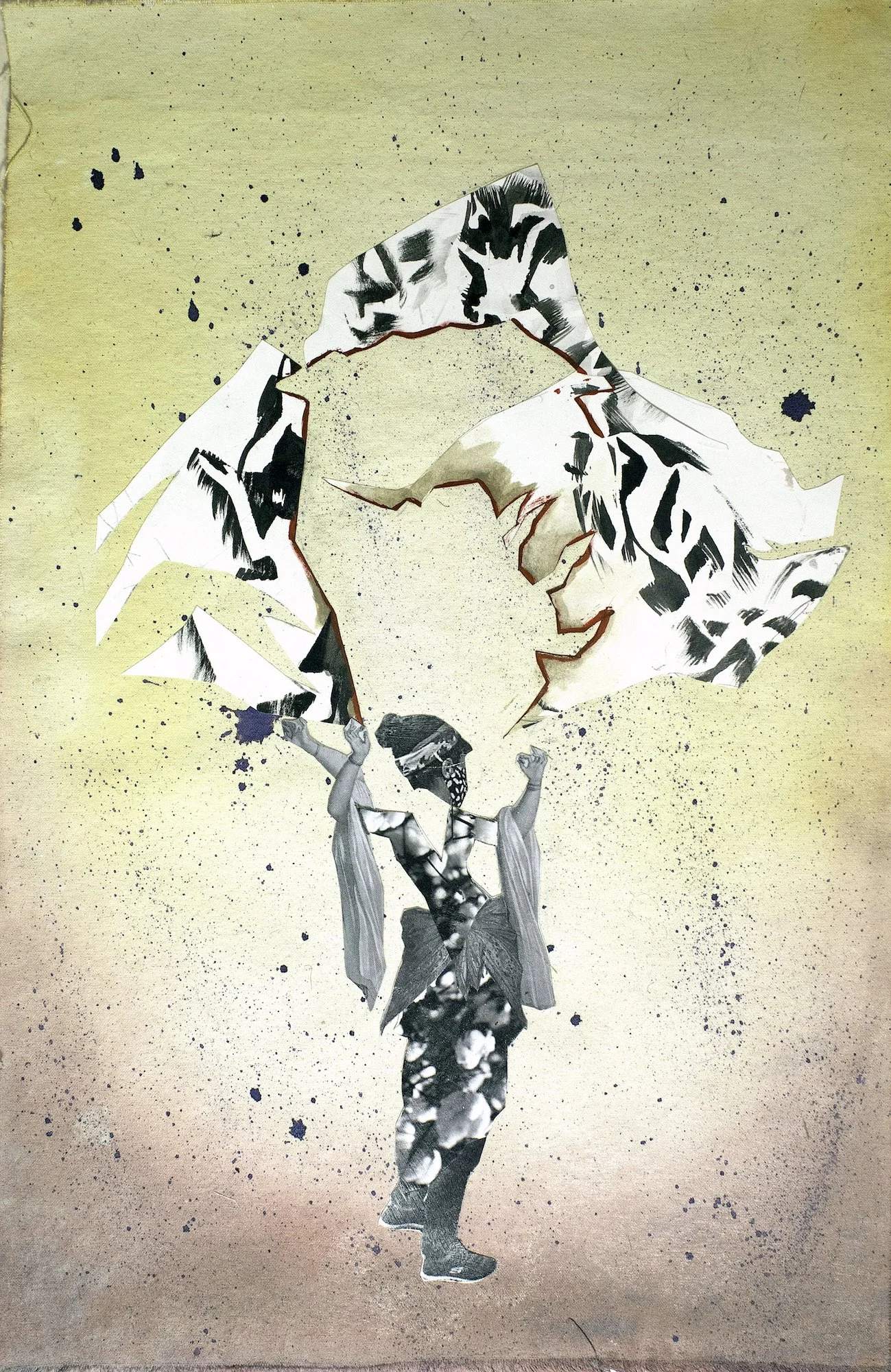The Entertainer, 2021, photographic prints, canvas, ink, acrylic, 19.5 in x 12.5 in A collage combining my own image working on a mural site and cotton plants superimposed over a fictitious Orientalist illustration of a bellydancer. The British re