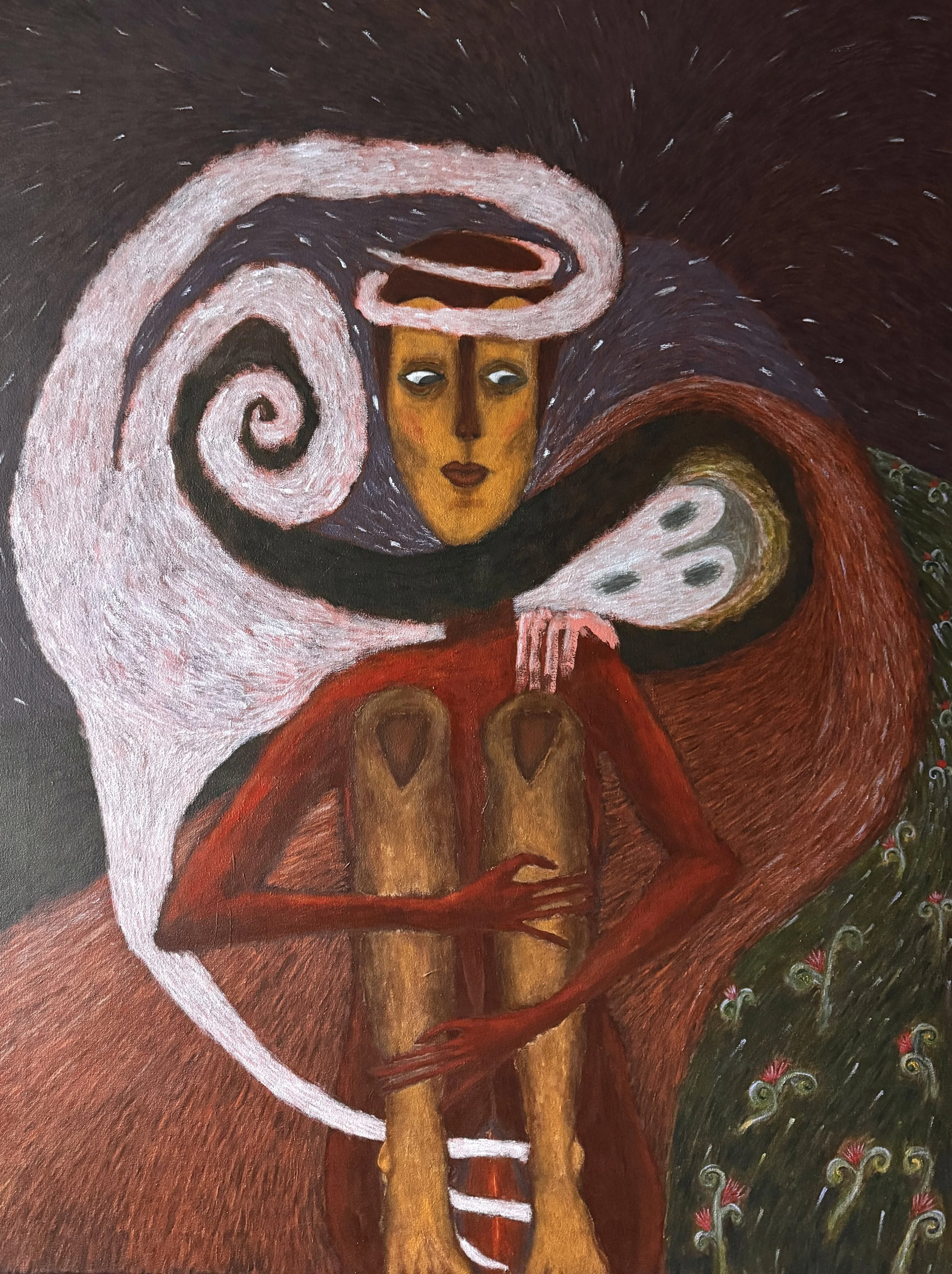 A surreal painting of a woman with a solemn expression, with swirling colorful backgrounds and intricate patterns, in an abstract artistic style.