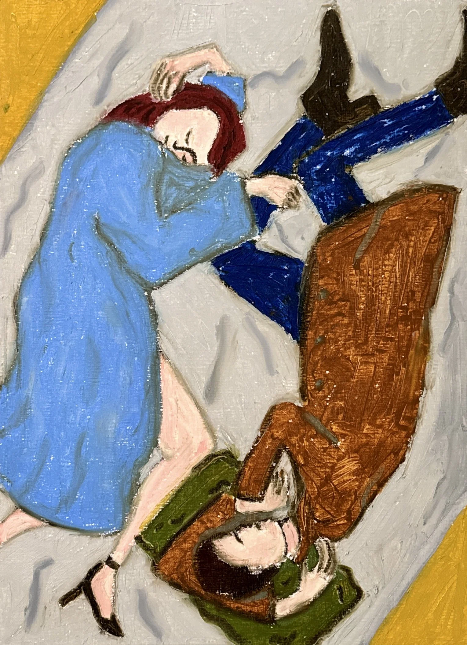 A painting depicting a couple dancing closely together, with the man in brown trousers and the woman in a light blue dress, against a background of muted colors and a hint of a yellow border.