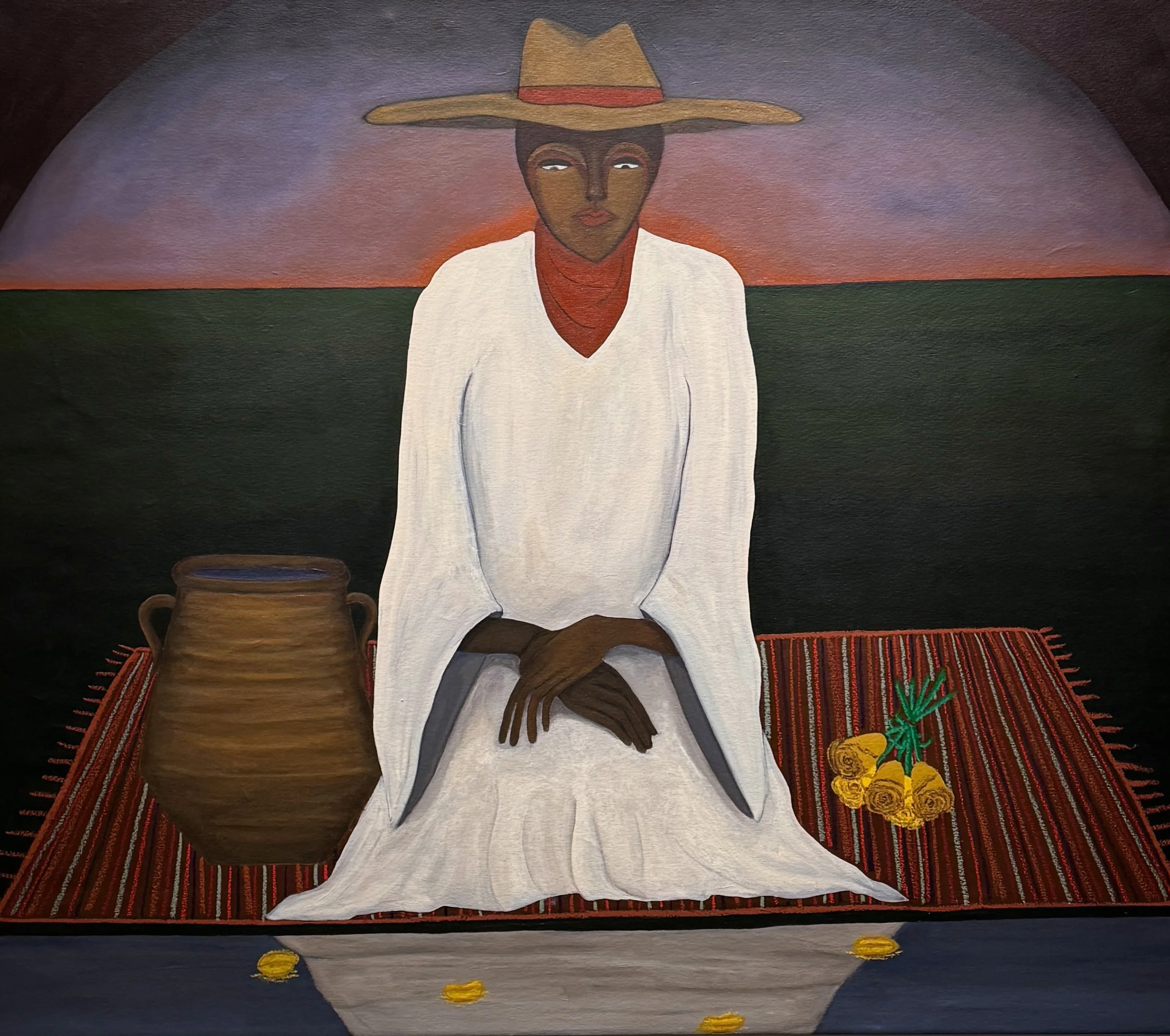 Painting of a person with dark skin, wearing a wide-brimmed straw hat with a red band, a white long-sleeved garment, and a red scarf around the neck. They are holding a pipe and standing on a striped rug with yellow pom-poms and yellow flowers at the