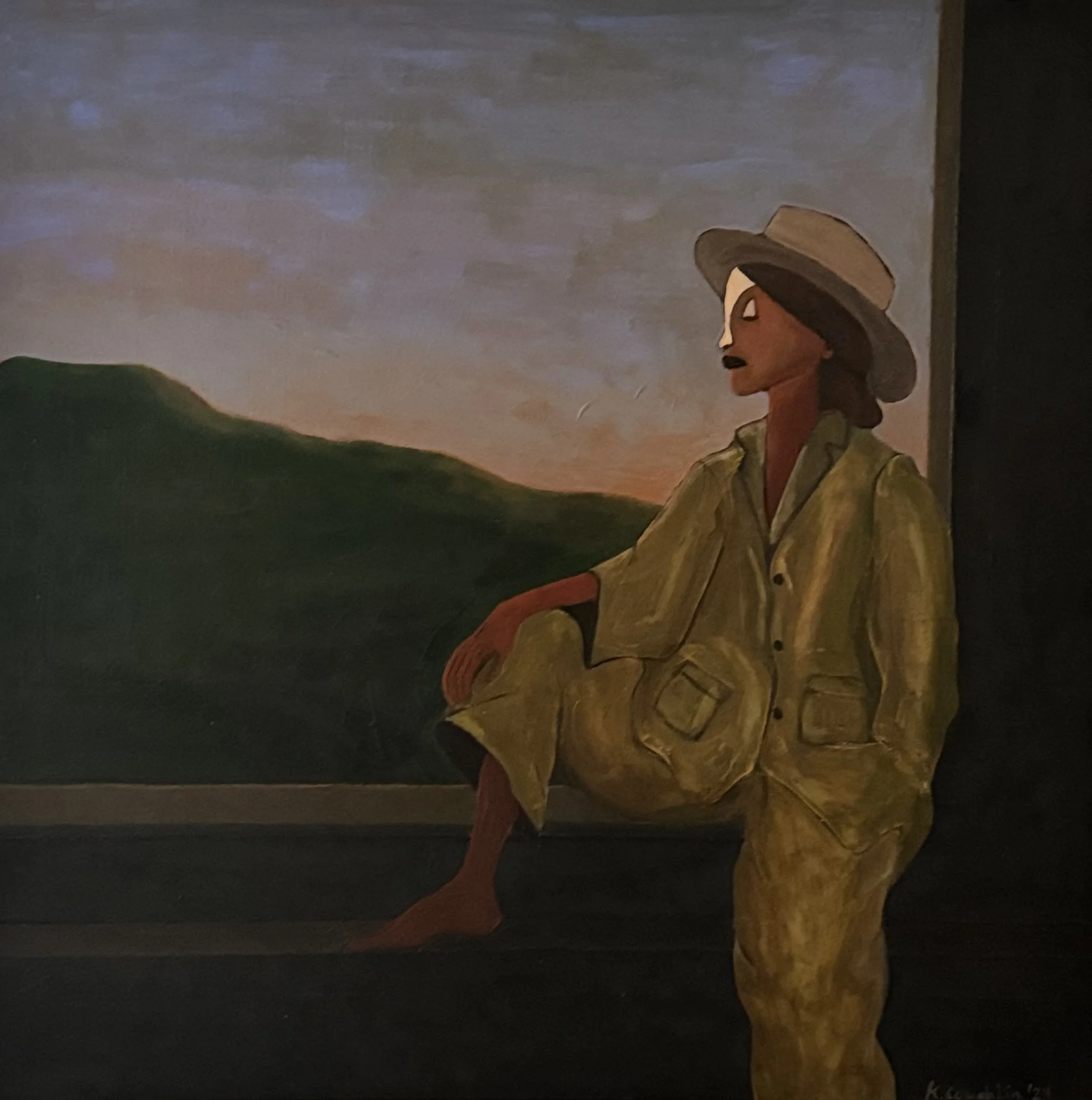 A painted mural depicting a woman wearing a wide-brimmed hat and a coat, standing outdoors with her gaze directed to the side, against a background of a cloudy sky and green landscape.
