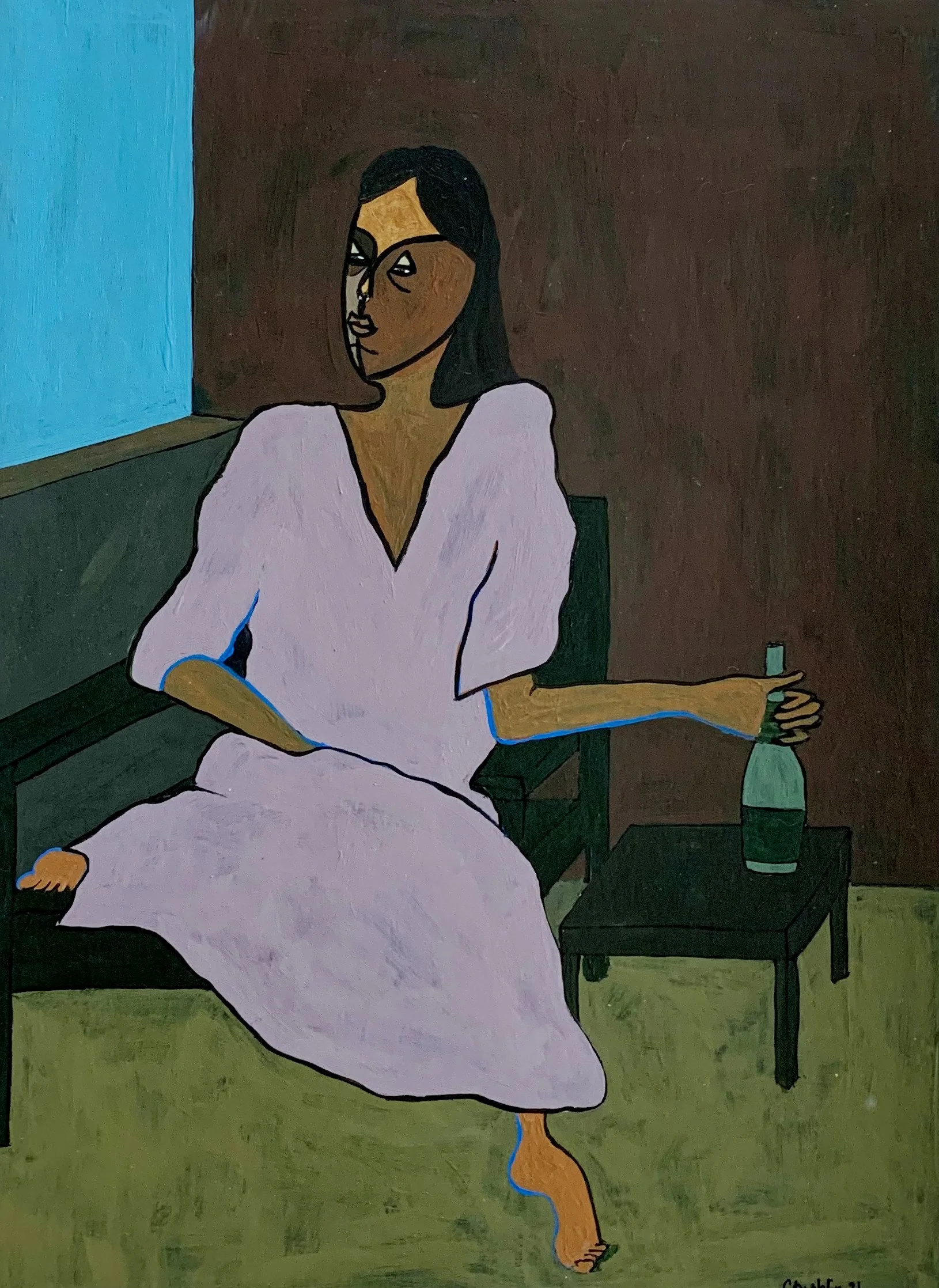 A painting of a woman with dark hair and brown skin, sitting with her left arm on her lap and her right arm extended, holding a bottle. She is wearing a pink dress with blue accents, and her reflection is visible in a mirror behind her. The backgroun