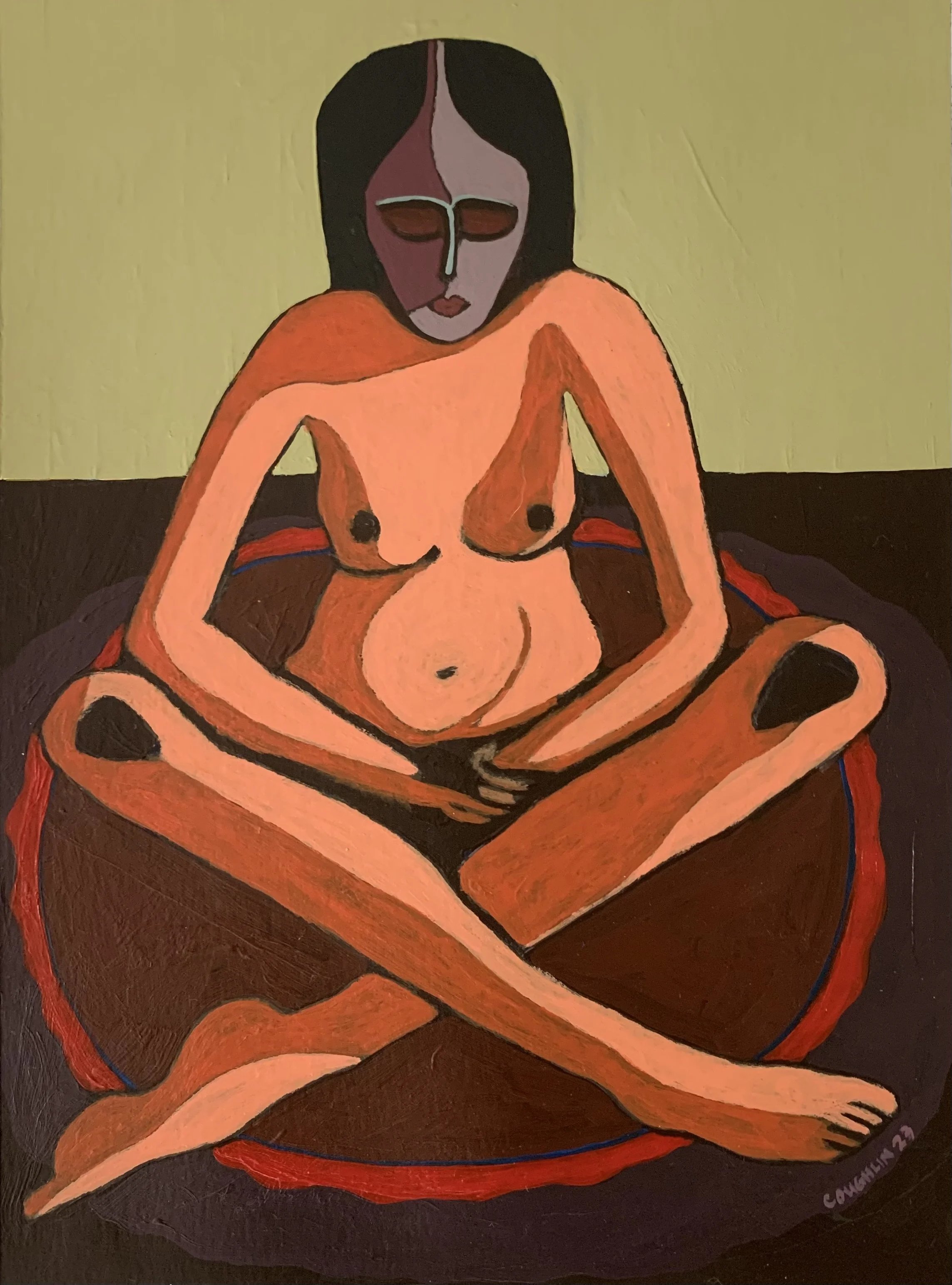 A painting of a nude woman with dark hair sitting on a dark surface with a yellow background. The woman has a light tan skin tone, and her face has a somber expression with closed eyes. Her arms are crossed over her lap, and her legs are bent with on