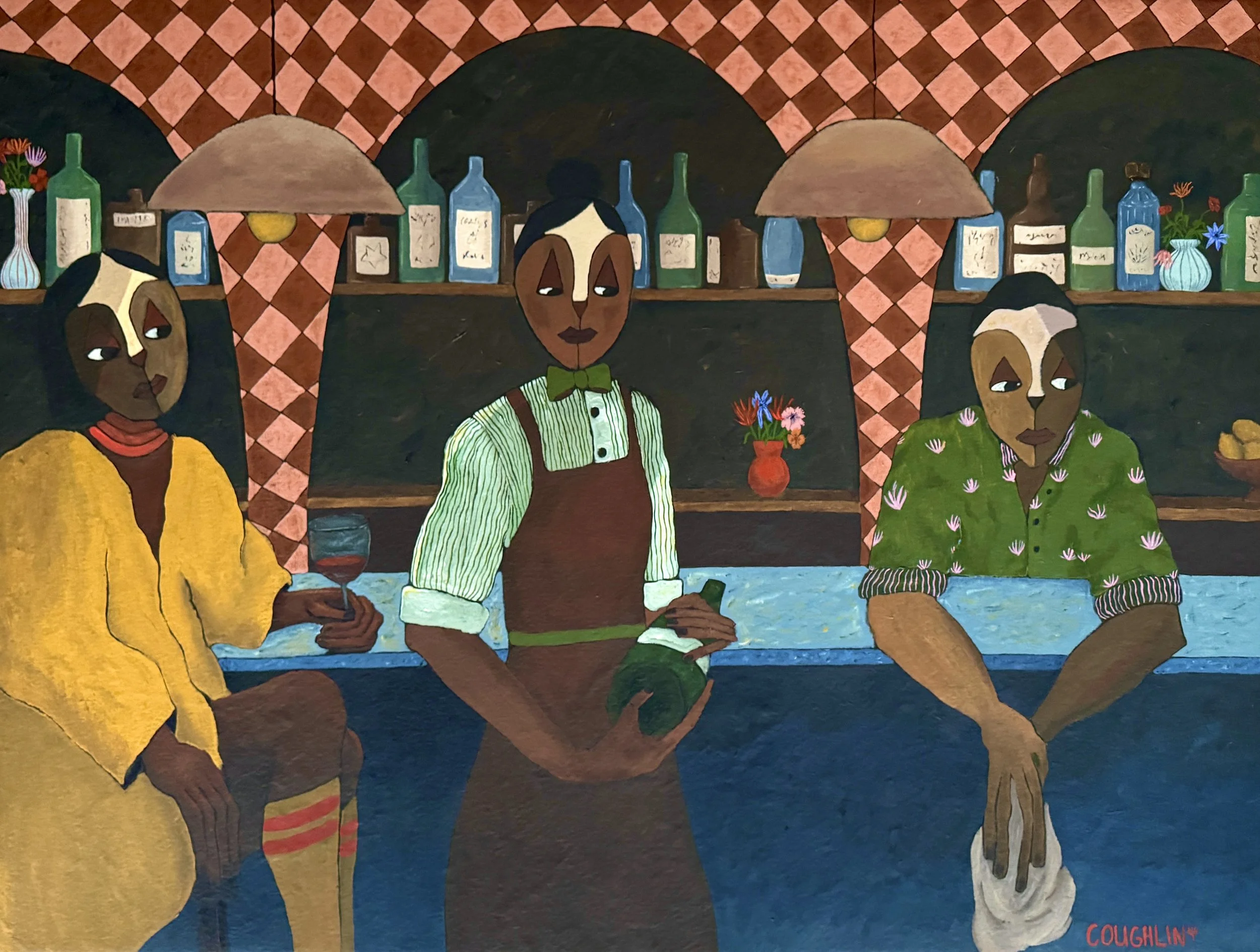 A colorful painting of three women sitting at a bar, surrounded by bottles and vases, with a patterned pink and brown diamond background. One woman holds a glass of wine, and another has a small vase with flowers.