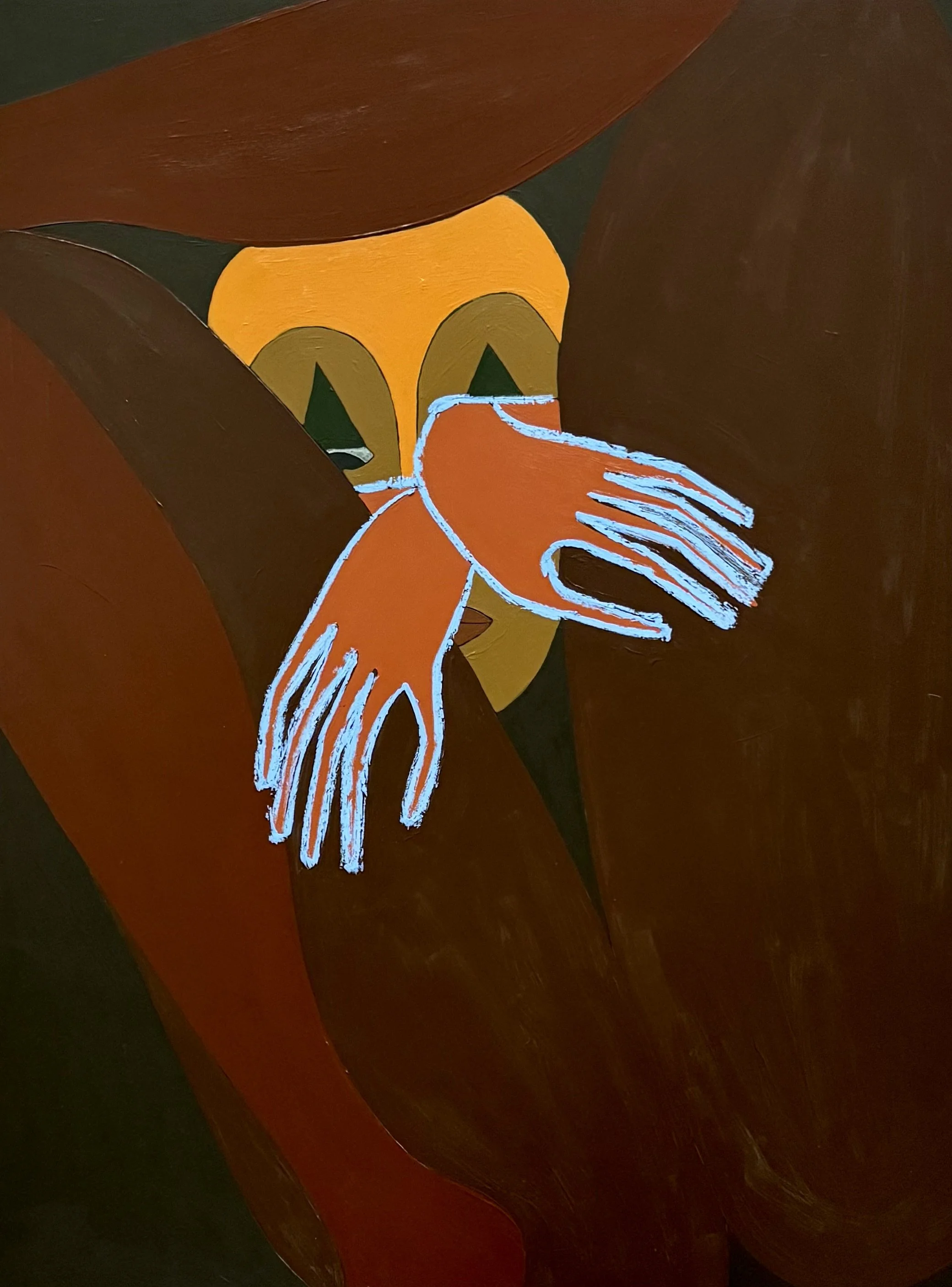 Colorful abstract artwork featuring orange, yellow, brown, and dark green shapes with a blue and white outlined hand in the center.