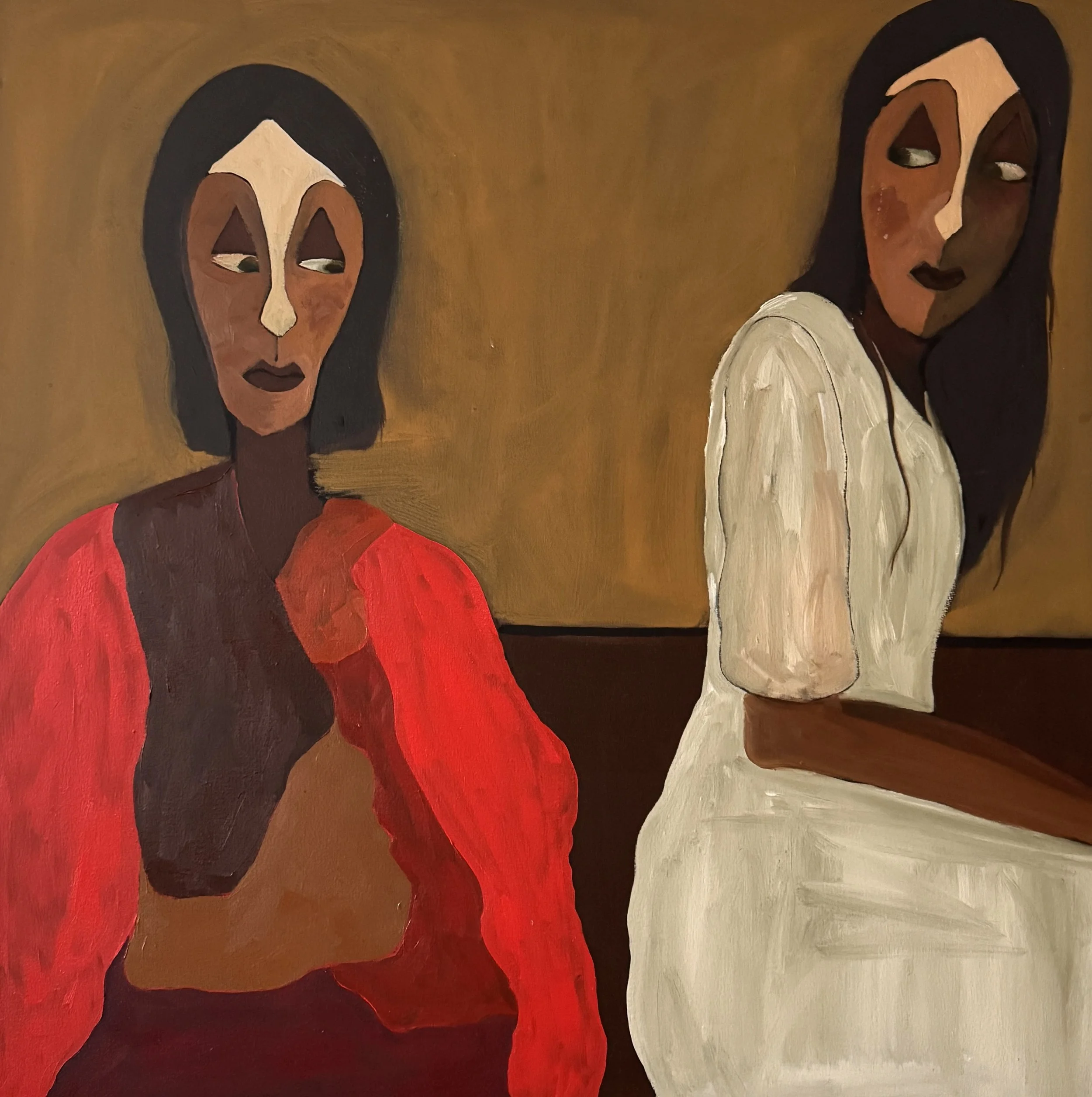 Two abstract female figures with dark hair and brown skin, one in a red top and the other in a white top, against a warm brown background.