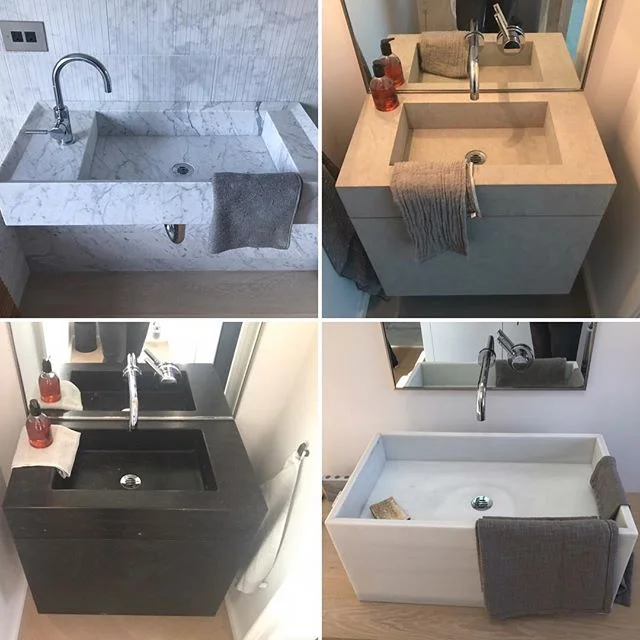 custom stone sink anybody?  clockwise from top left: bianco carrara, grison azul, spanish machael white, burr-black. #jkabeaconhill #stonesink #customsink #bathroomdesign #bathroomsink #bostonarchitecture #beaconhill