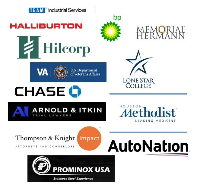 Logos of SANTEX Solutions clients including Halliburton, BP, Chase, Memorial Hermann and Houston Methodist