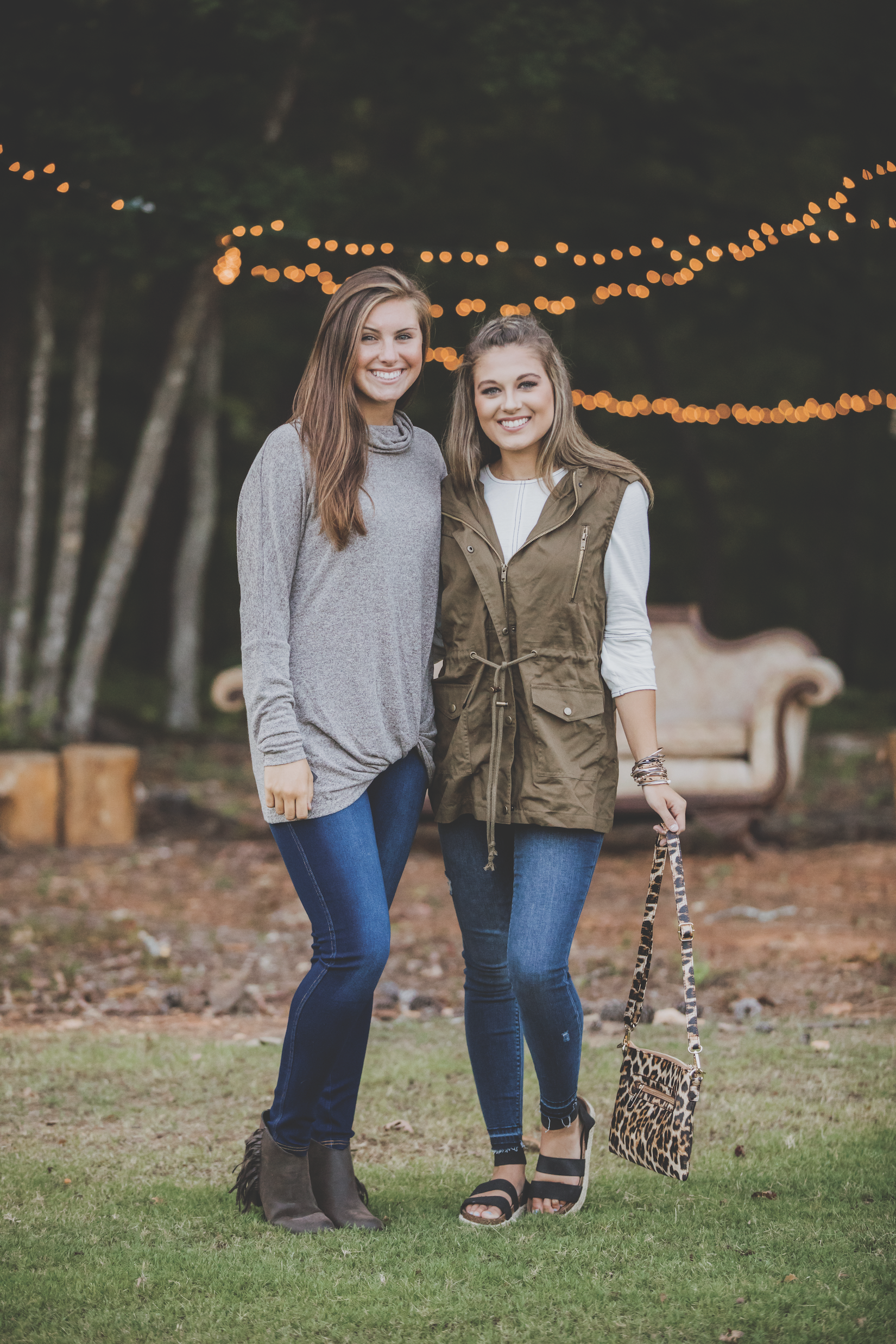 Models Ashley Miller and Cameron Stutts Prosperity Home 113 N Main St, Prosperity Cowl neck sweater and leggings by Simply Southern Making It Personal 1311 main St, Newberry Olive button-down vest, leopard and gold stackable bracelet, leopard print purse