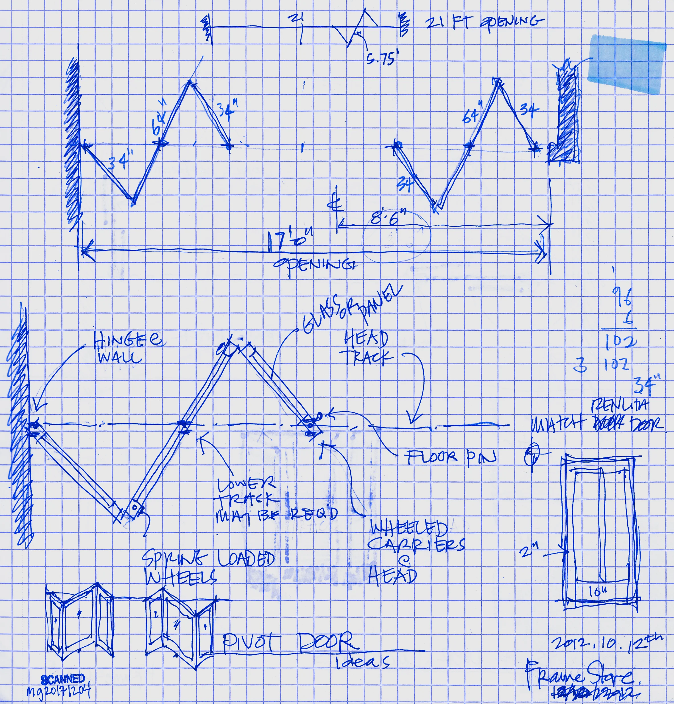 This sketch was drawn during construction, but did not show up until the Mendicino Farms project. Click here to see the finalized Pivot door.