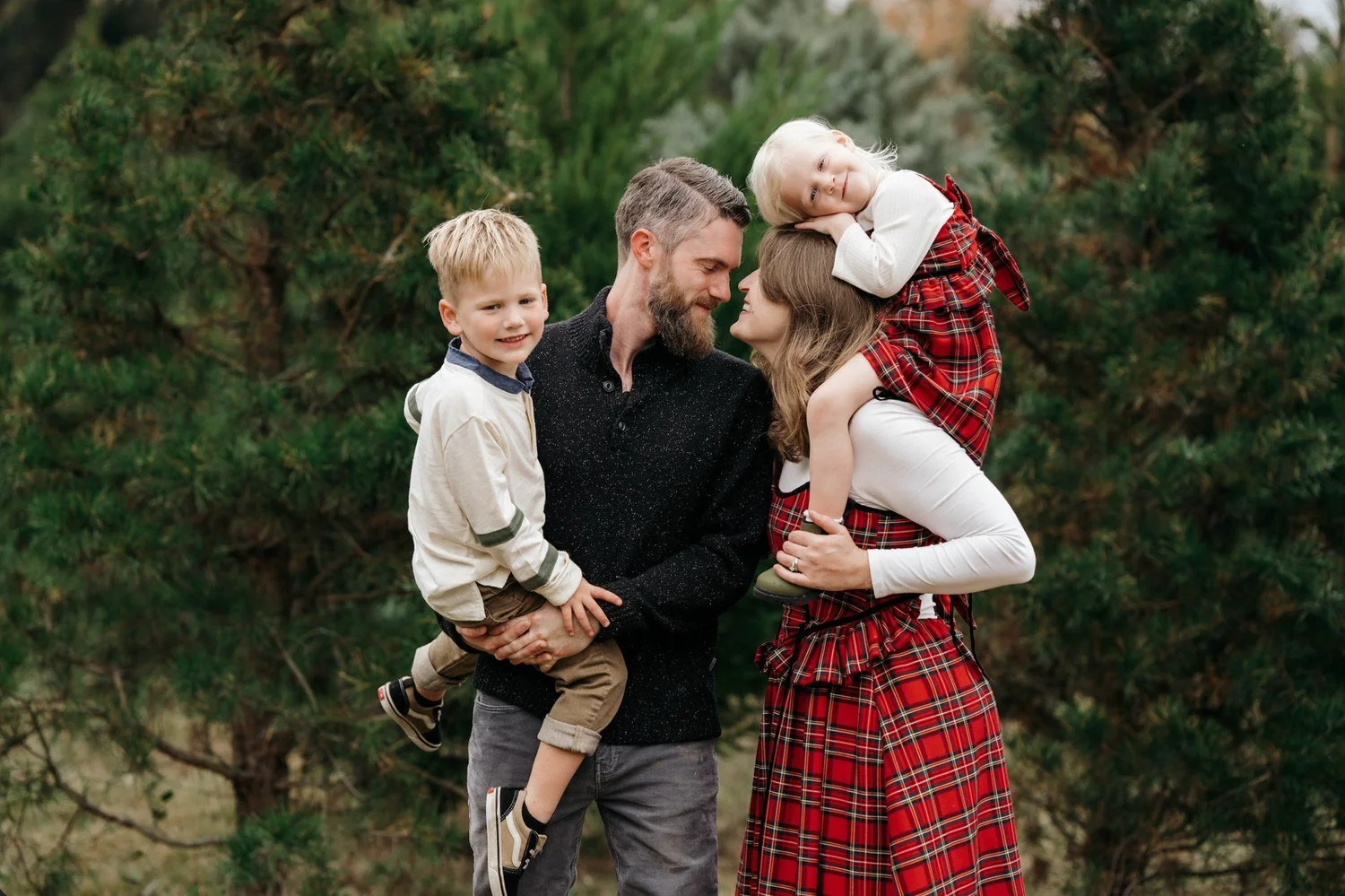 Family Christmas card photos at a tree farm near Lexington, SC