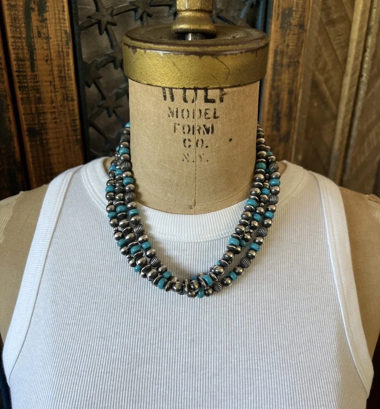 3 Strand 24" Navajo Pearls Necklace with Sleeping Beauty Turquoise