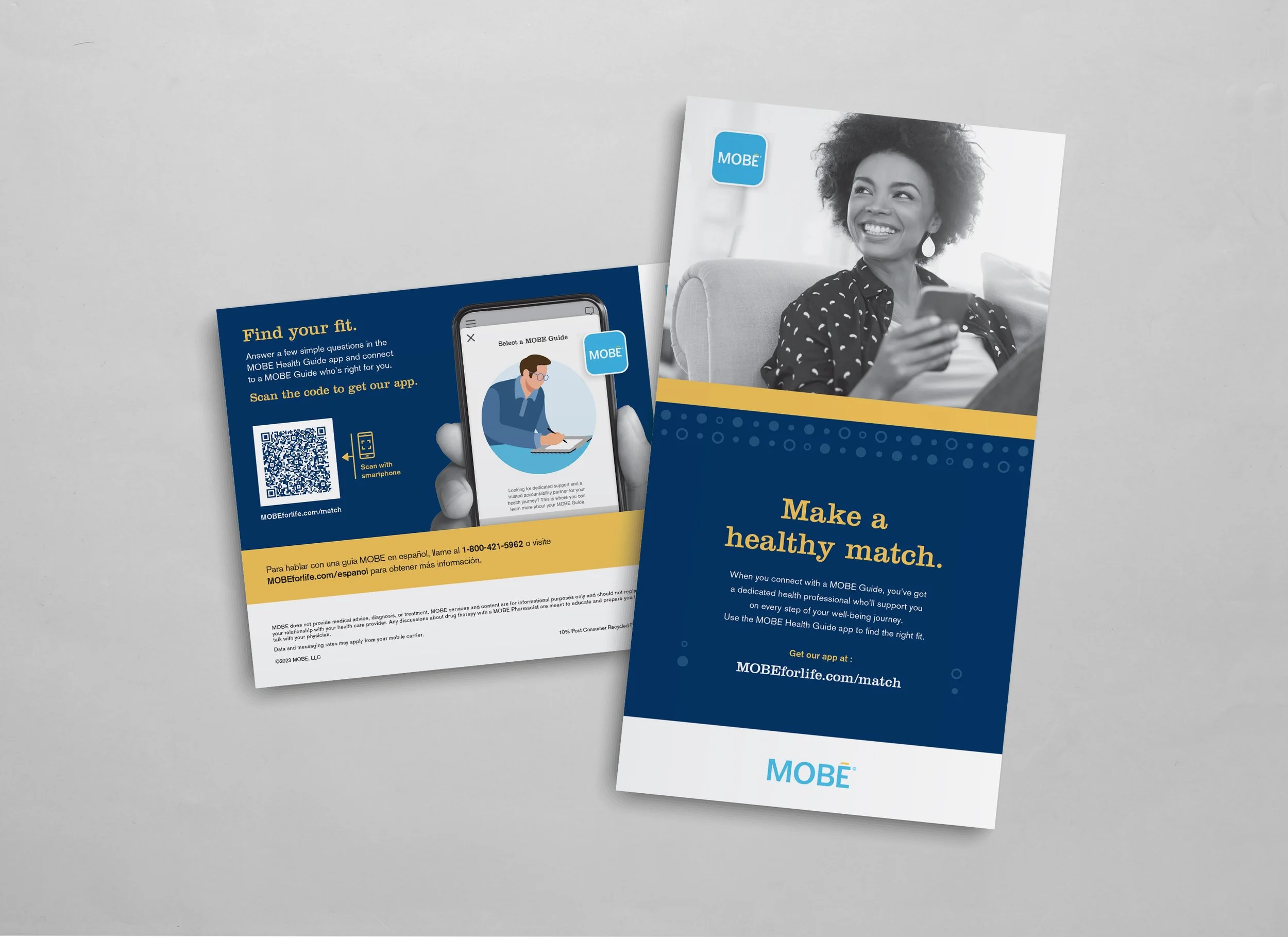2-sided postcard promoting MOBE Health Guide app (front side and mailing panel)