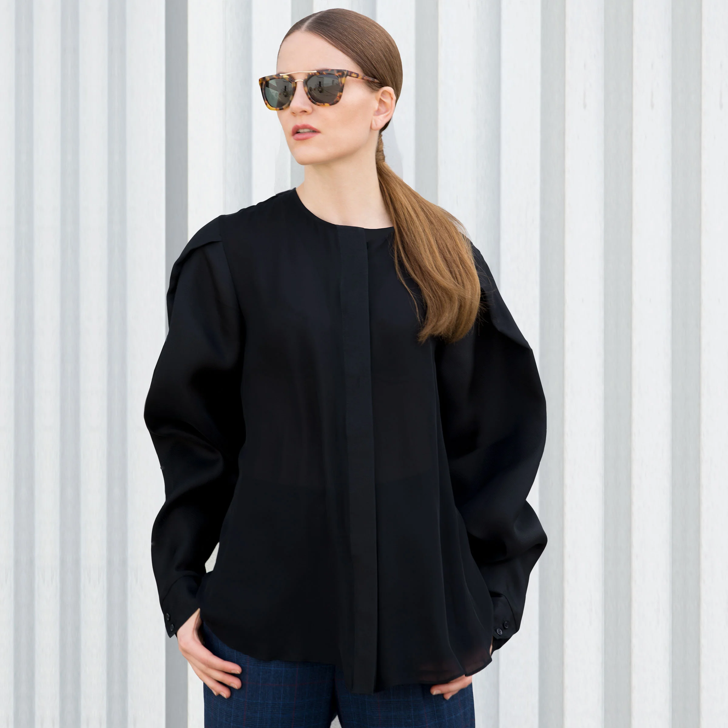 silk gazar mutton sleeve top black