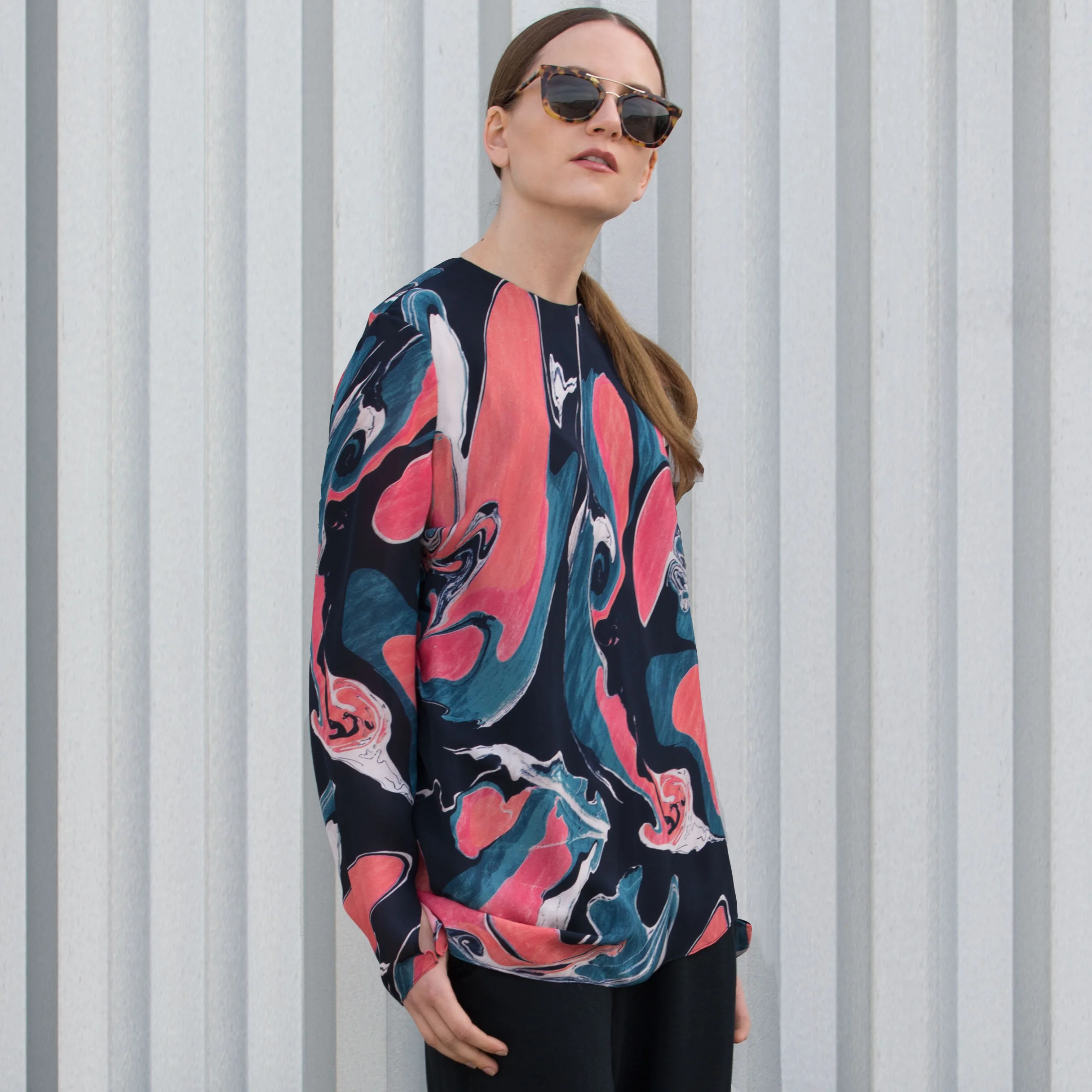 silk drape long sleeve print top