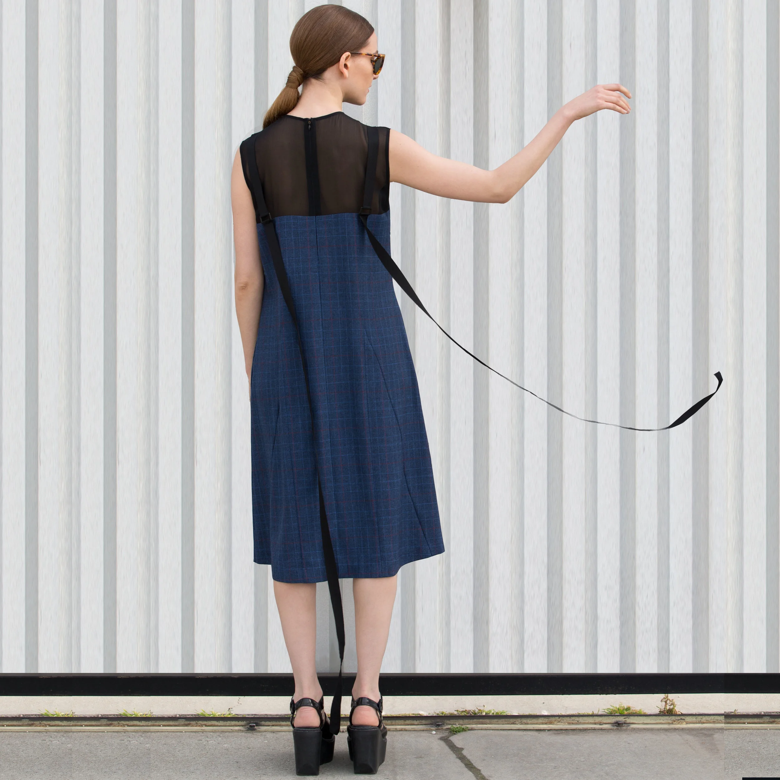 wool suit chiffon godet dress navy