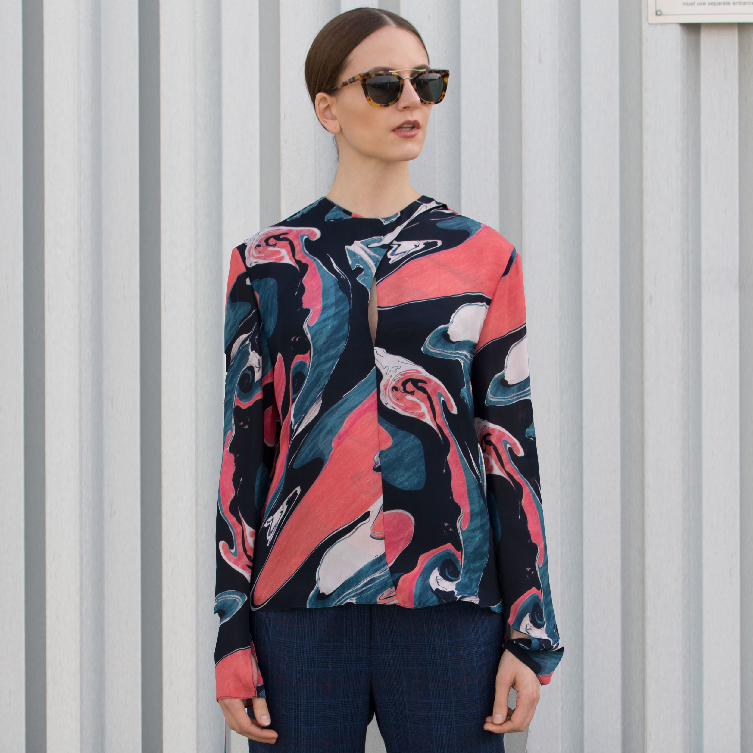 silk keyhole long sleeve print top