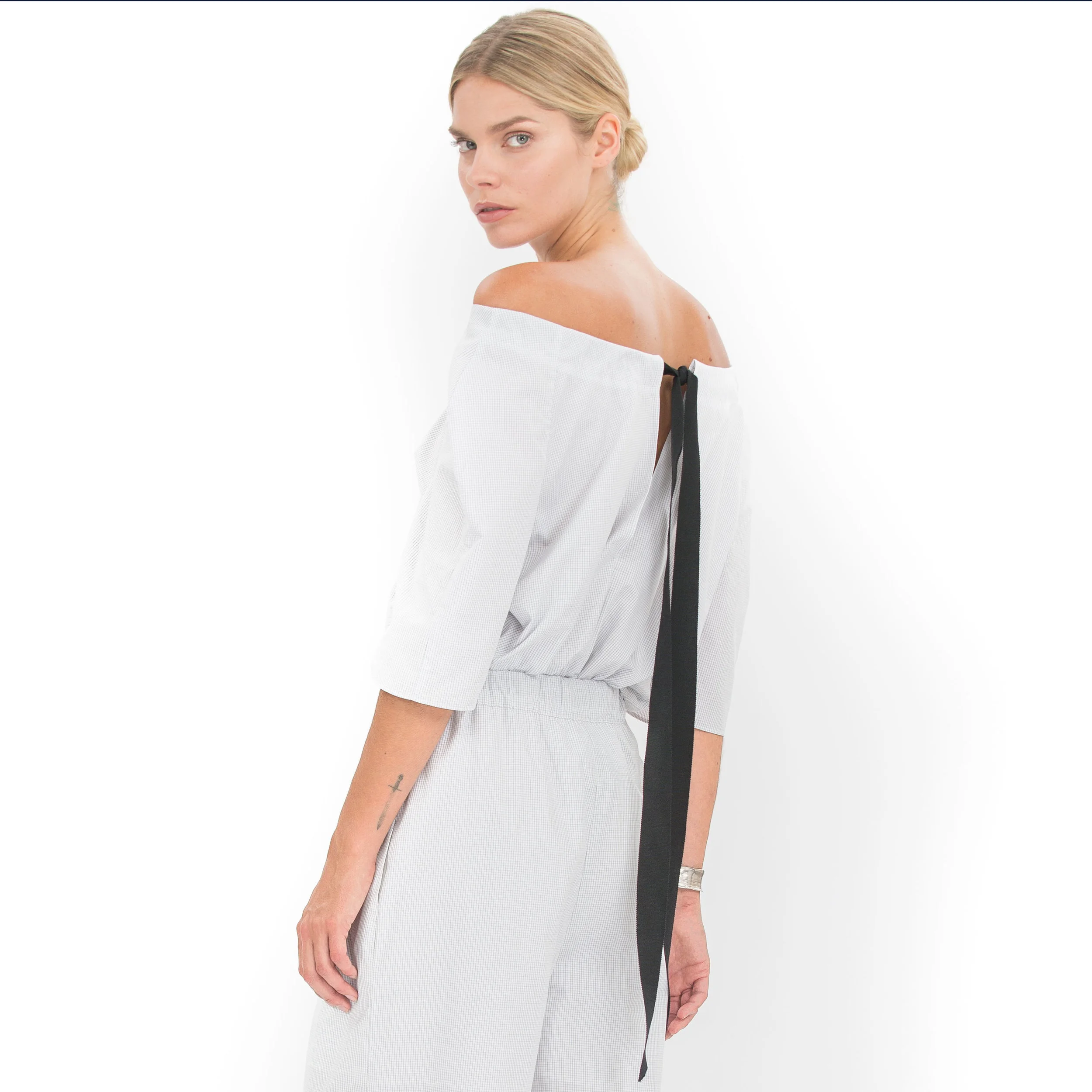 cotton crewneck grosgrain gather top white