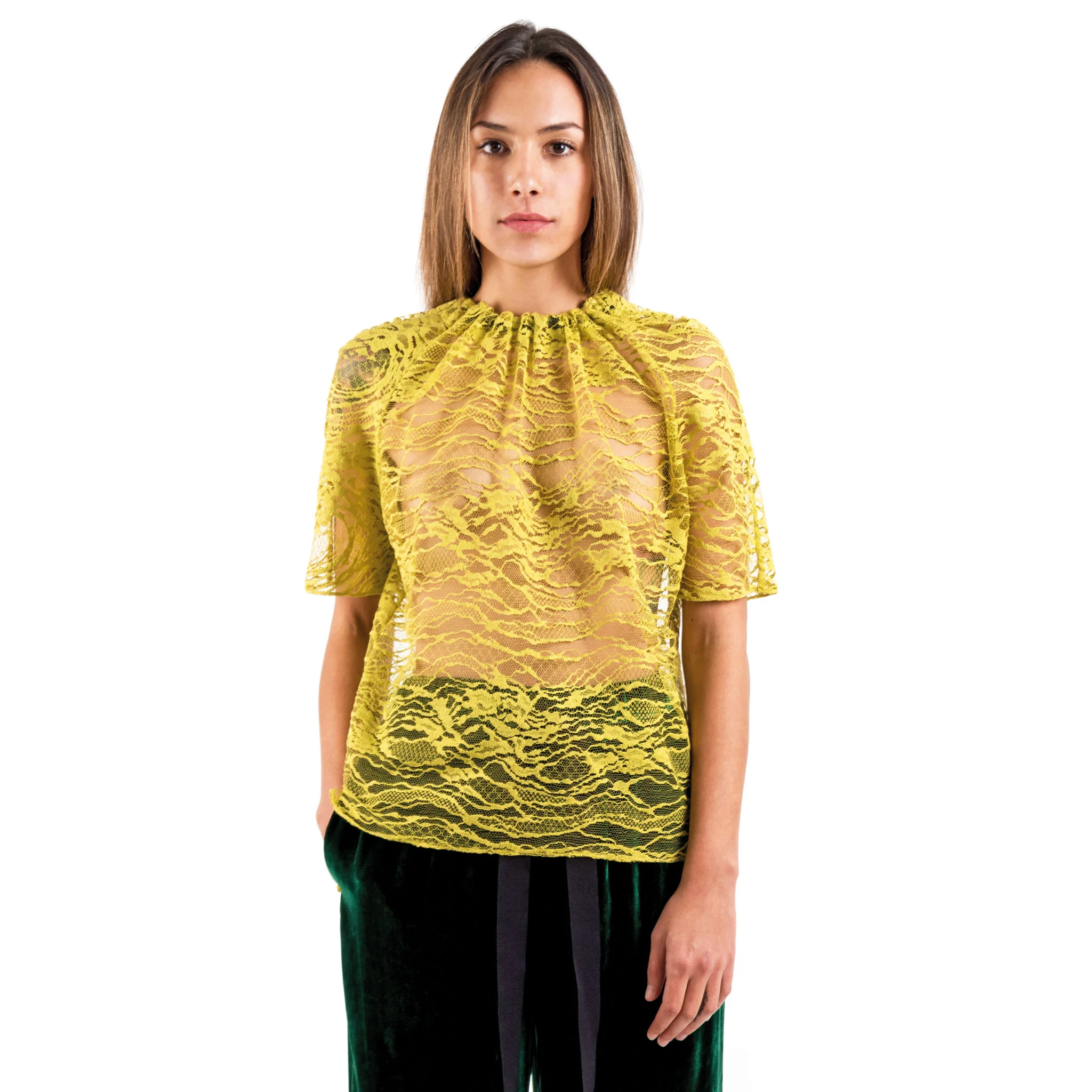 lace crewneck grosgrain gather top chartreuse