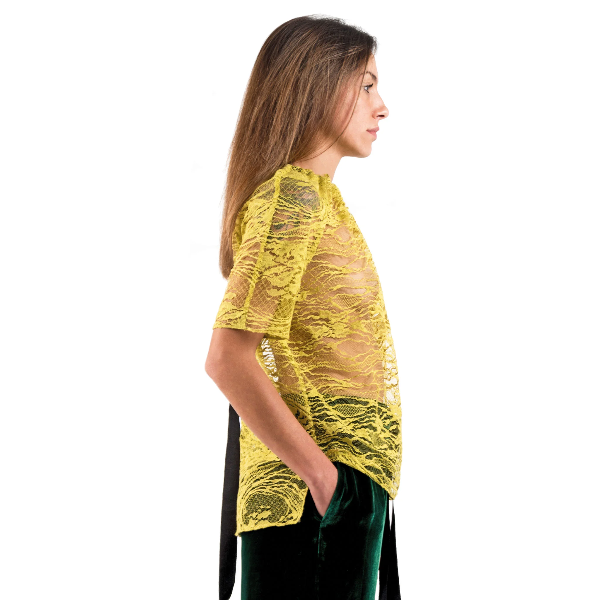 lace crewneck grosgrain gather top chartreuse